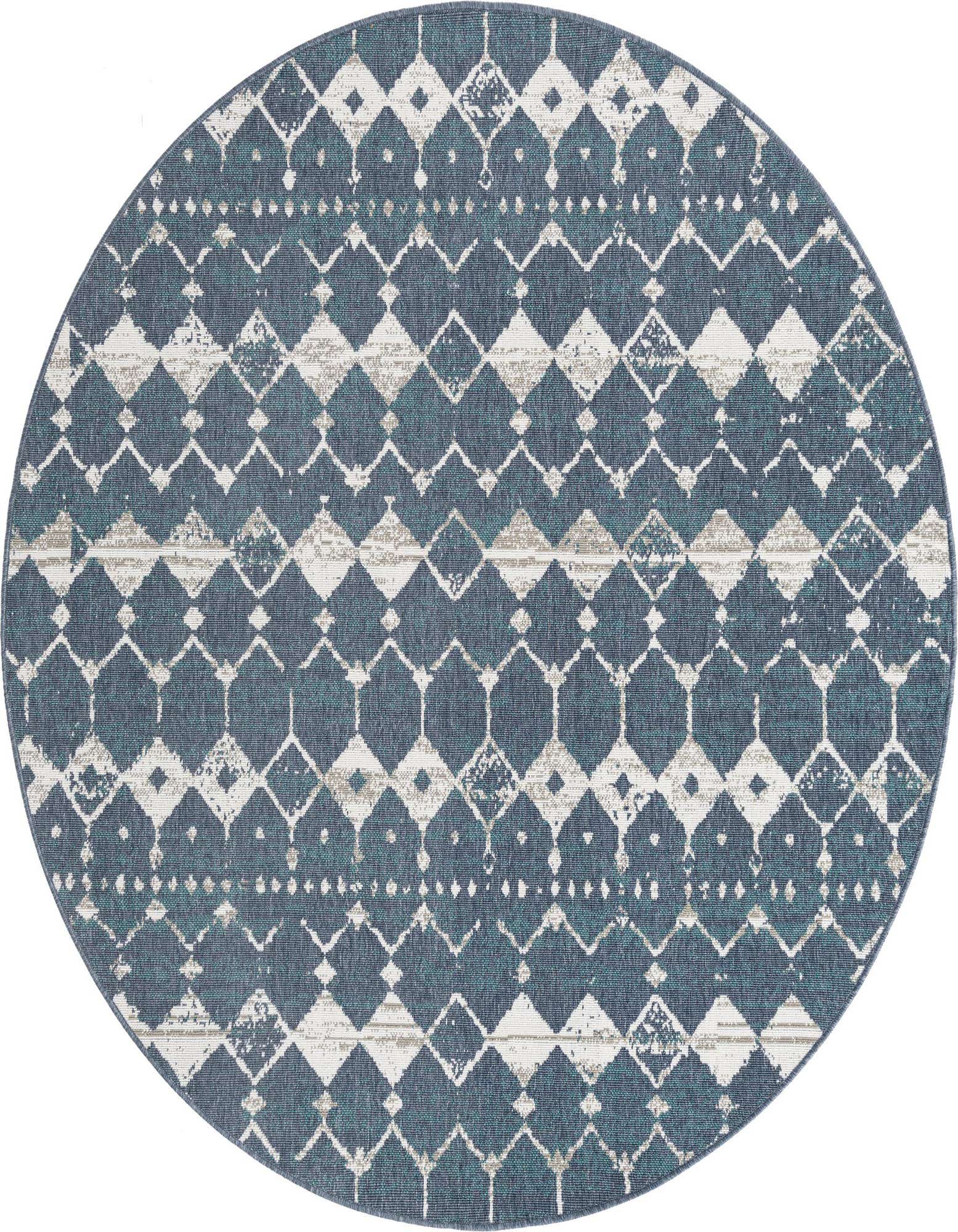 A 7' round navy blue and white flatweave rug with a distressed geometric lattice pattern, suitable for indoor or outdoor use.