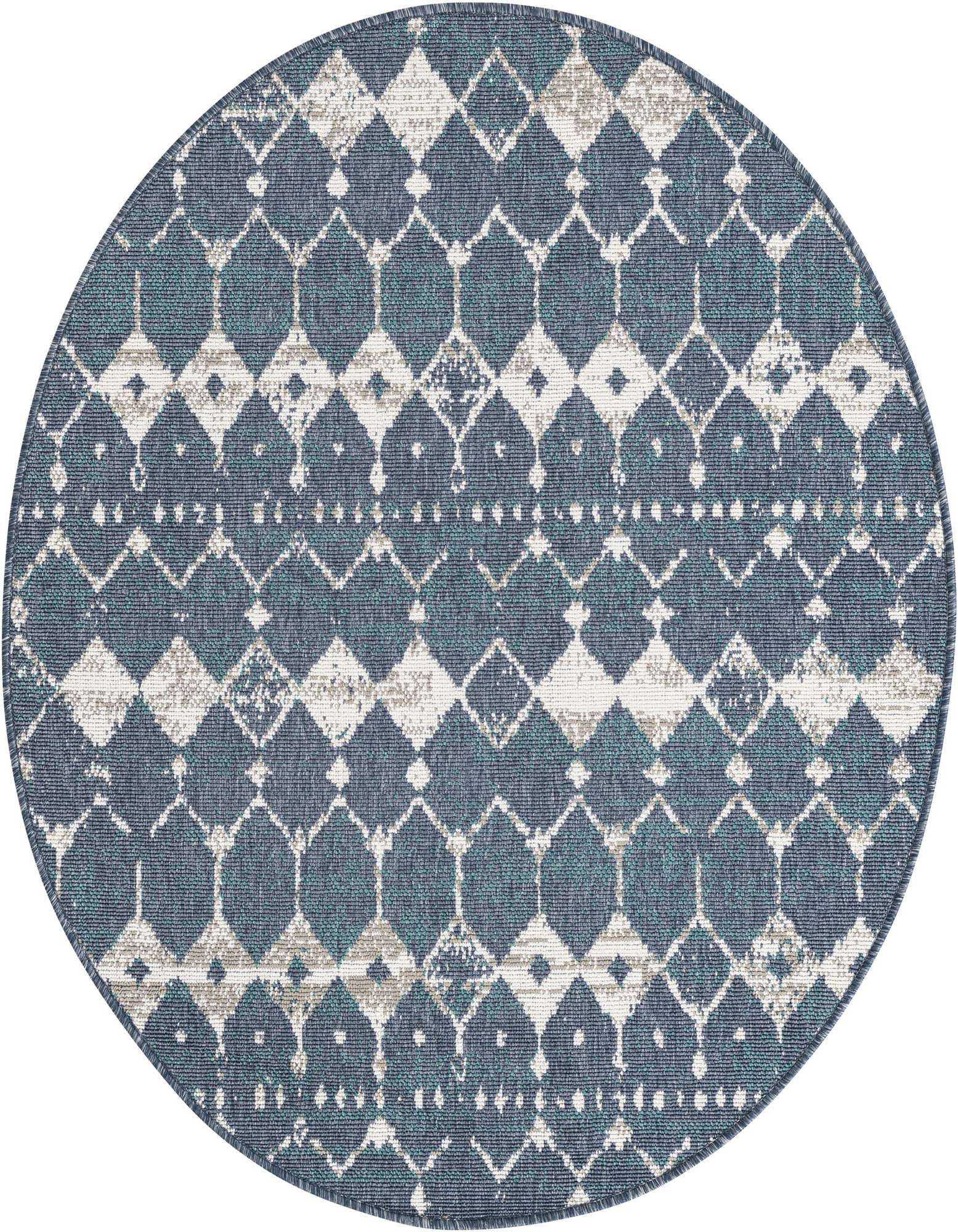 A 4' round navy blue and white transitional trellis rug with a flatweave texture, suitable for indoor or outdoor use.