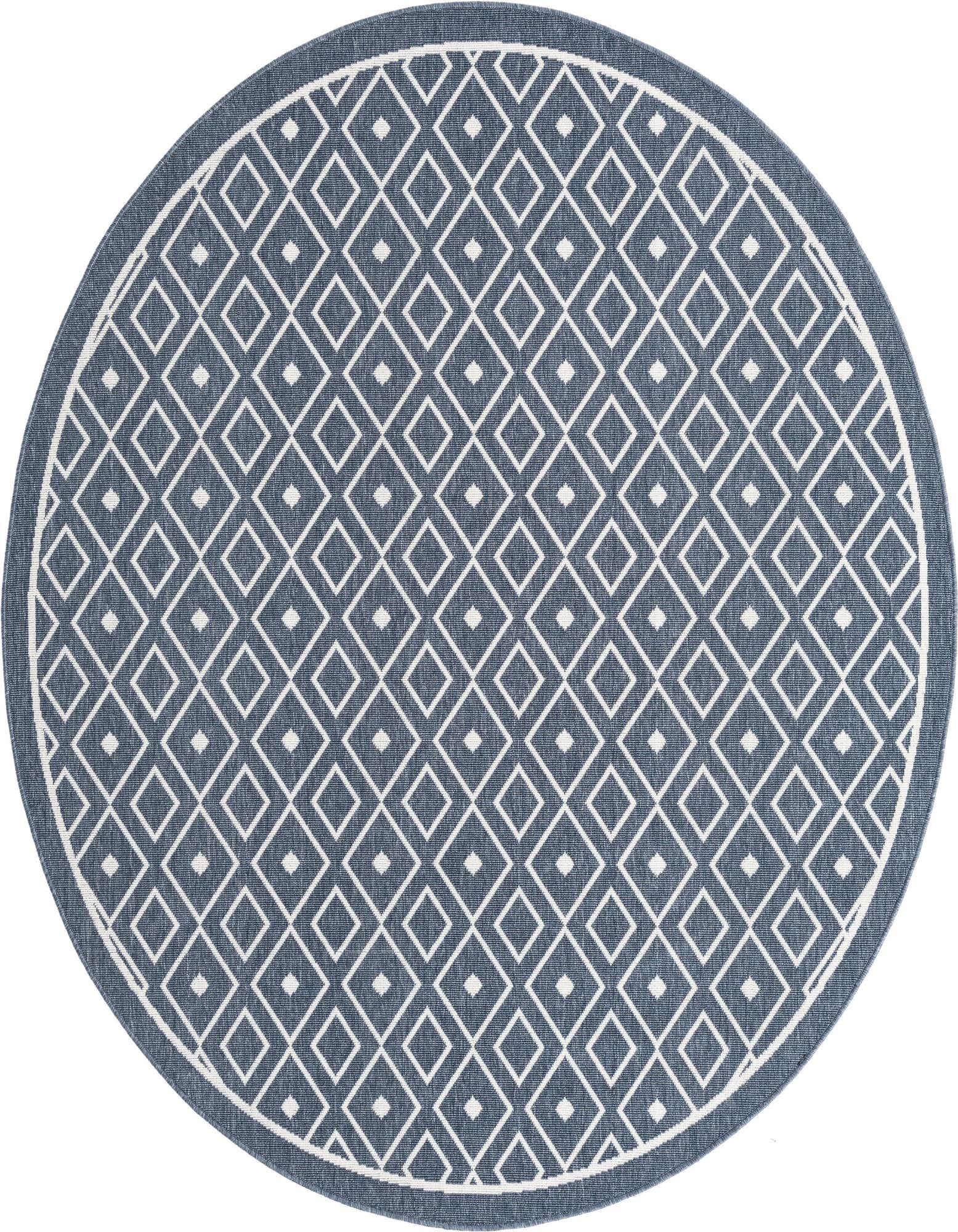 A 7' round navy blue and white Scandinavian geometric rug with a diamond pattern, suitable for indoor or outdoor use.