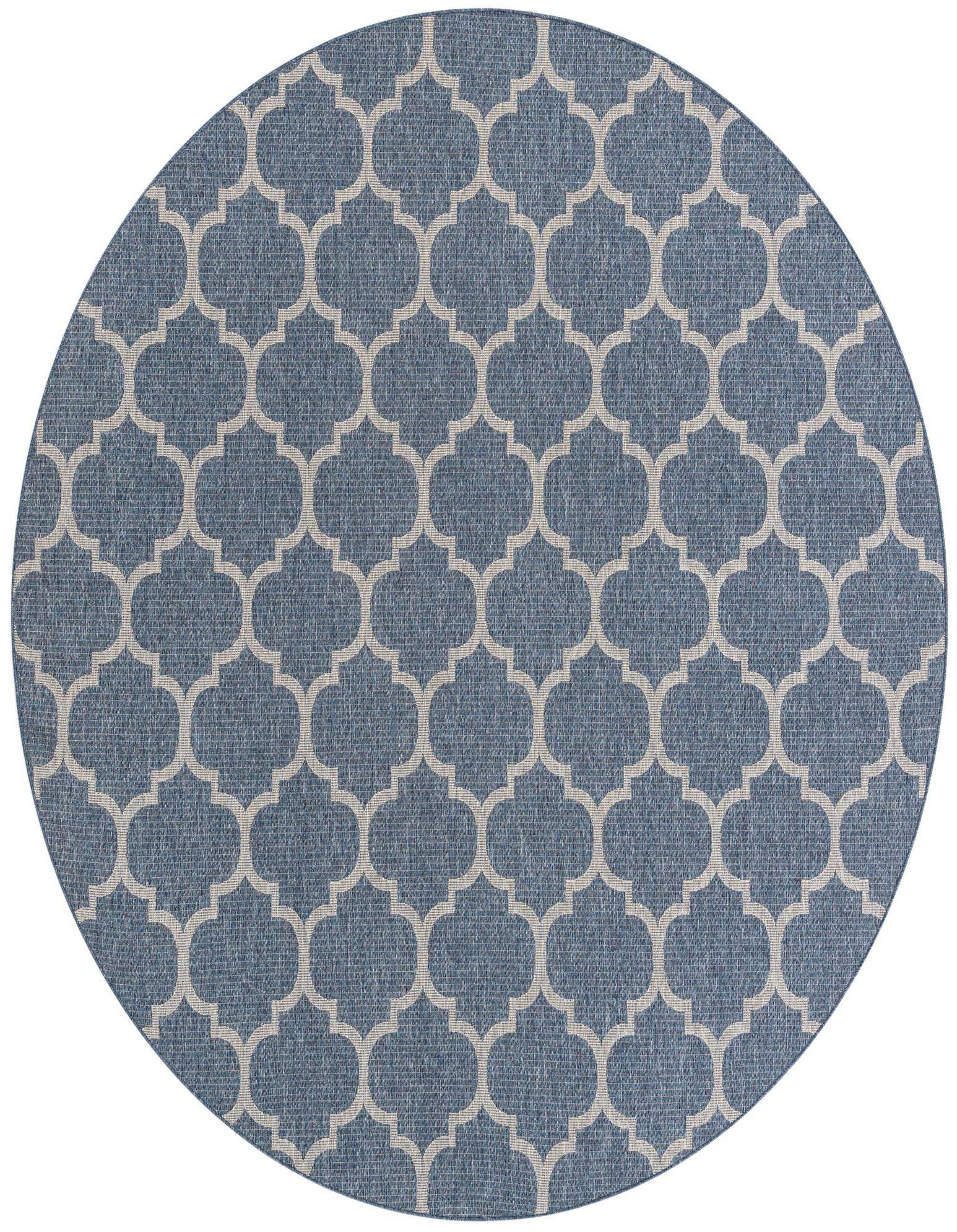 A 10' round navy blue and light gray trellis pattern rug, suitable for indoor or outdoor use.