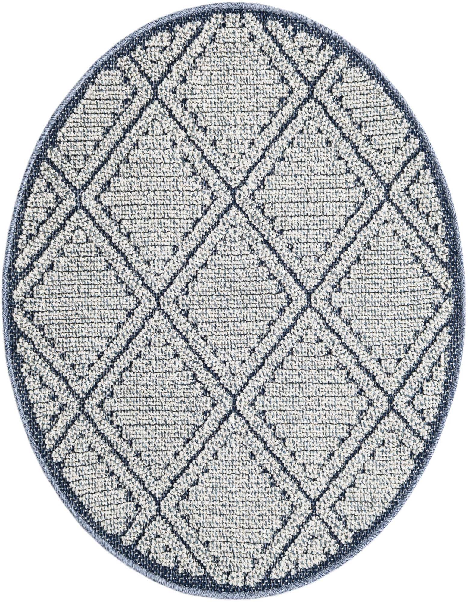 A 3' 1 round navy blue and white contemporary outdoor rug with a geometric lattice pattern.