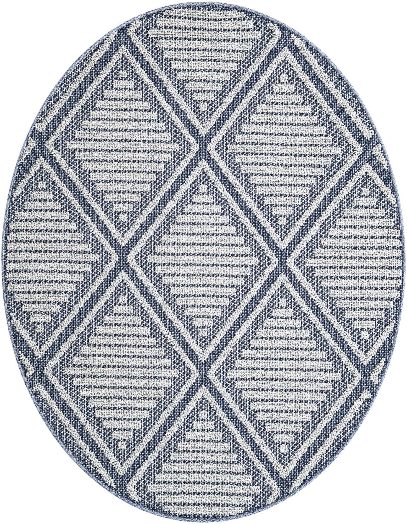 A 5'3" round navy blue and white modern geometric rug with a lattice pattern, suitable for indoor or outdoor use.