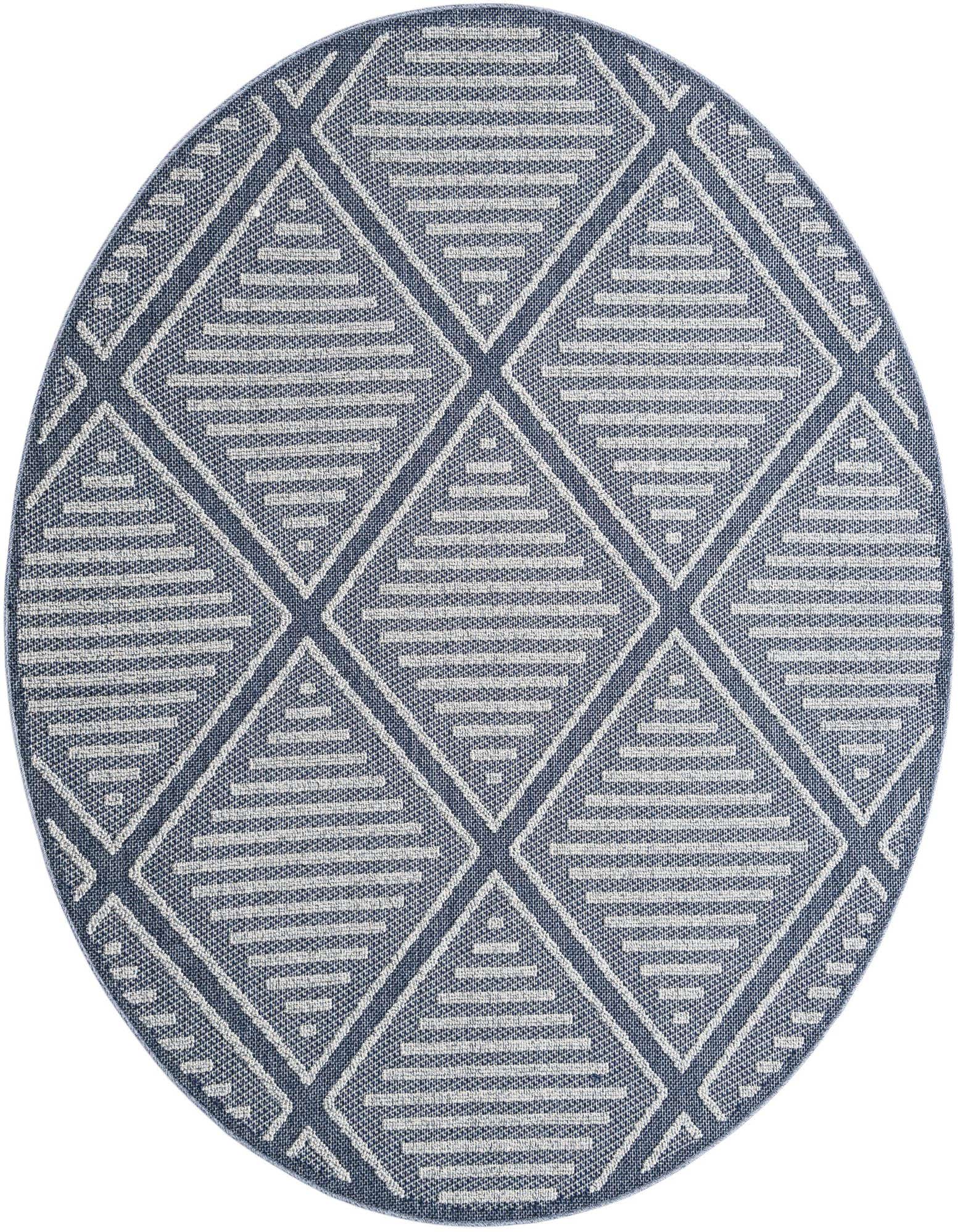A round 7' 10 x 7' 10 navy blue and light blue contemporary rug with a geometric lattice pattern, suitable for indoor or outdoor use.