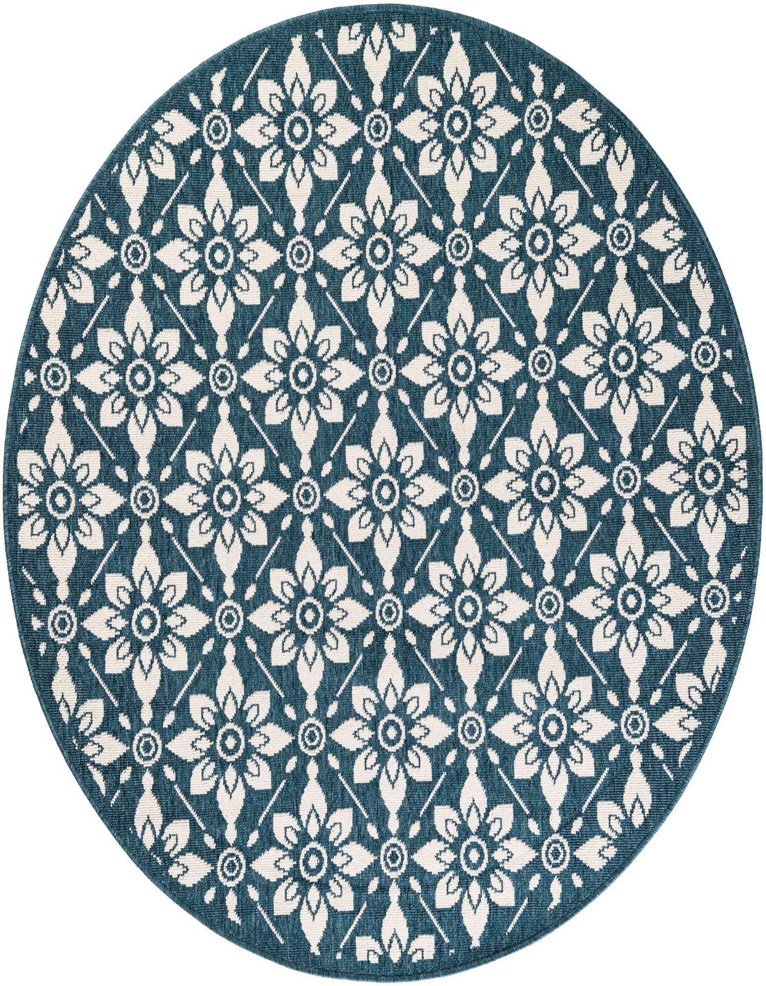 A 5' round navy blue and white floral patterned rug with a flatweave texture, suitable for indoor or outdoor use.
