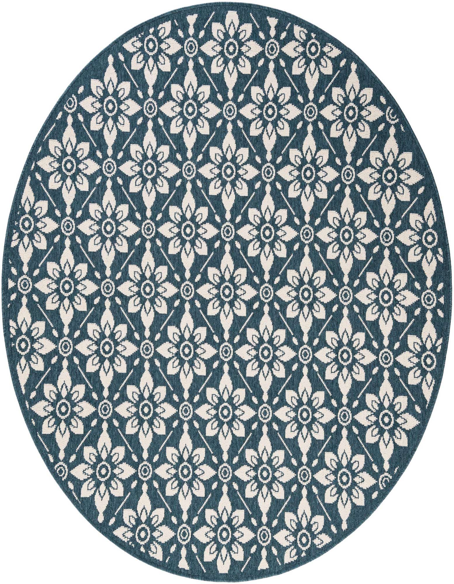 A 6' round navy blue and white floral patterned rug, suitable for indoor or outdoor use on a patio.