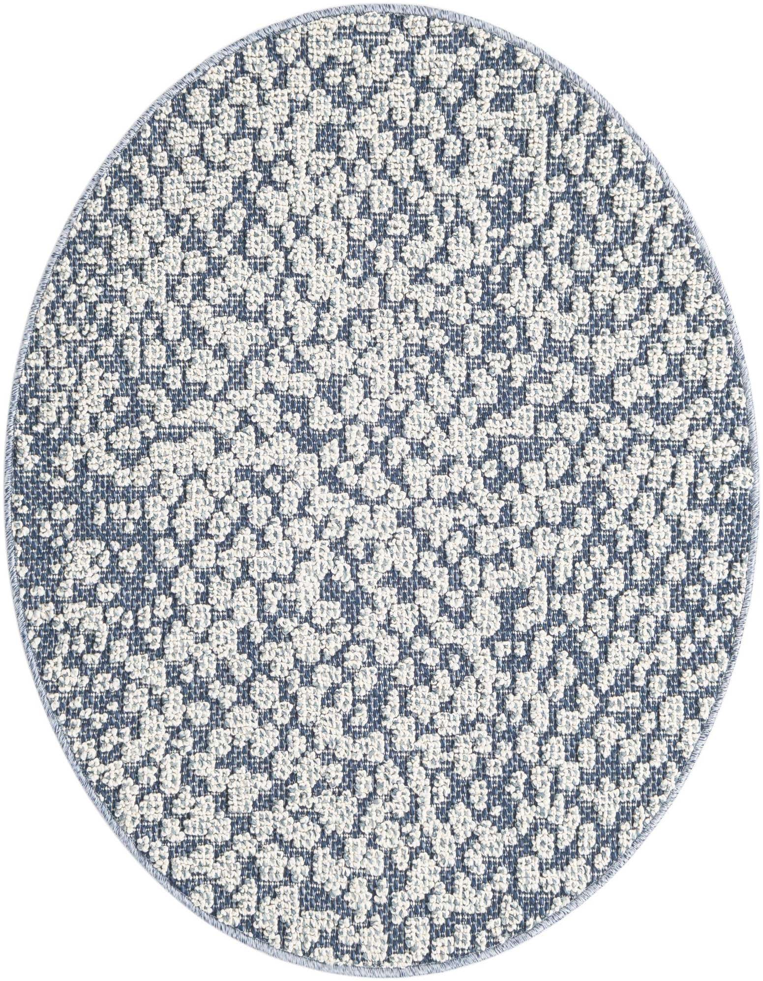 A 3' 1 x 3' 1 round navy blue and white modern abstract rug, suitable for indoor or outdoor use.