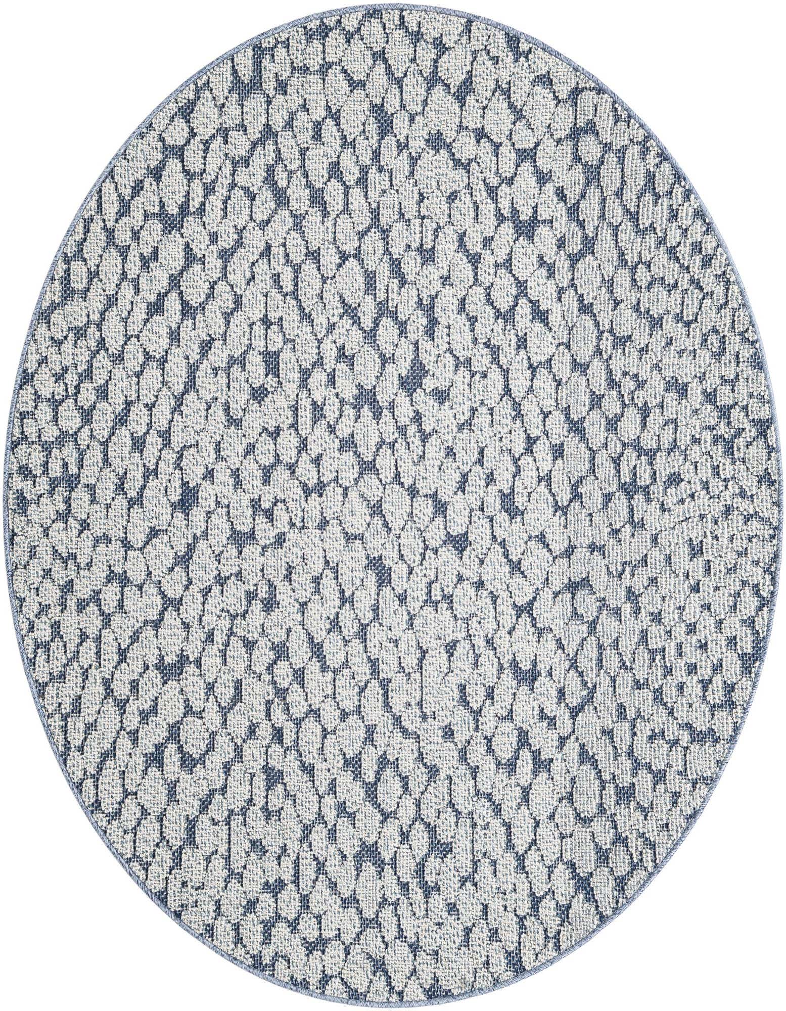A 5'3" round Rugs.com Outdoor Safari rug featuring a modern abstract pattern in varying shades of blue, suitable for indoor or outdoor use.
