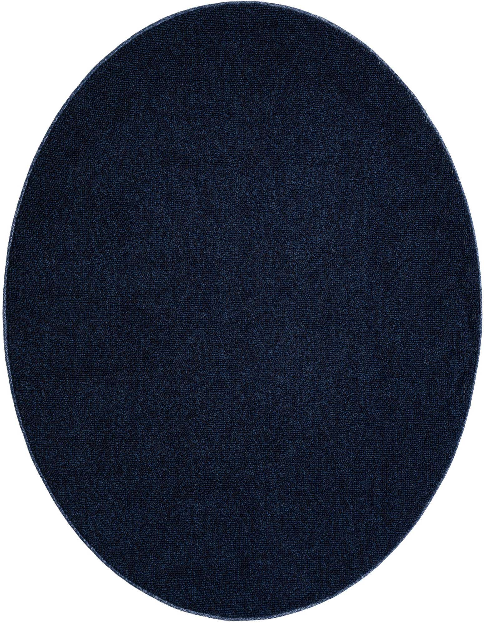 A 5' 3 round navy blue modern flatweave rug made from polypropylene, suitable for indoor and outdoor use.