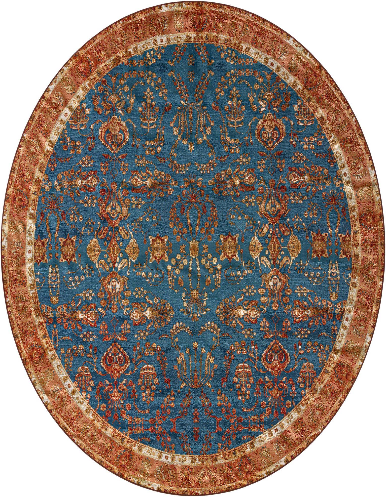 A 10-foot round navy blue traditional rug with intricate orange and gold floral patterns and a wide ornate border, suitable for a patio.