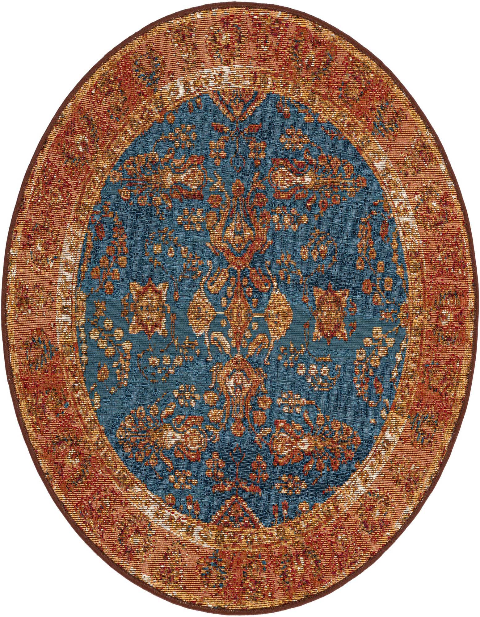 A 3' round blue and orange traditional Oriental rug with a detailed floral medallion pattern and a wide border.