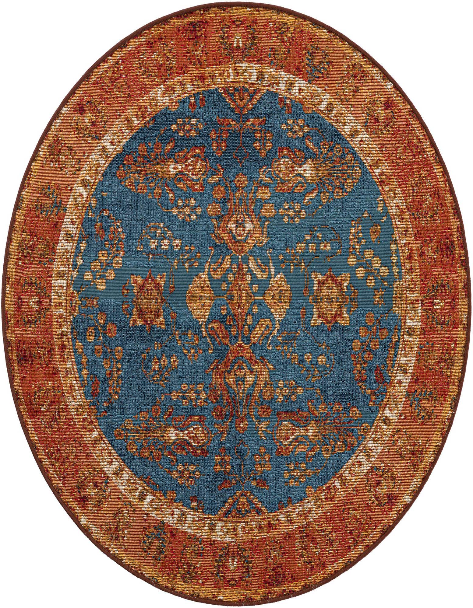 A 4' round navy blue and orange Oriental rug with a traditional medallion pattern and a wide decorative border.