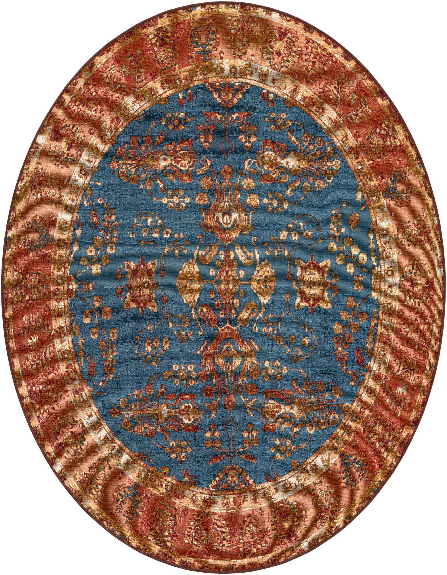A round 6' x 6' blue and orange Oriental rug with intricate floral patterns, suitable for indoor or outdoor use.