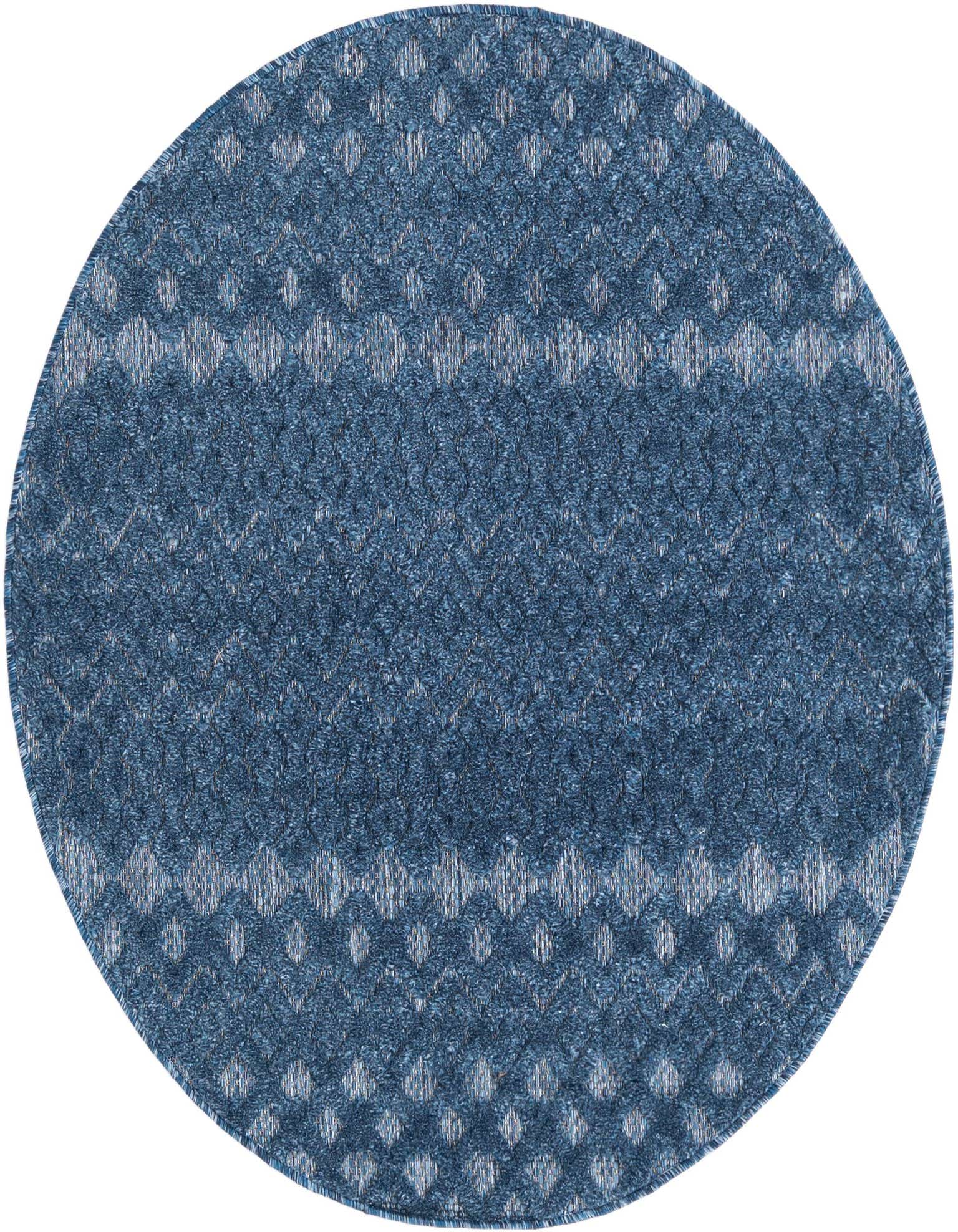 A 4' round navy blue tribal trellis rug with a textured high-low pile, suitable for indoor or outdoor use.