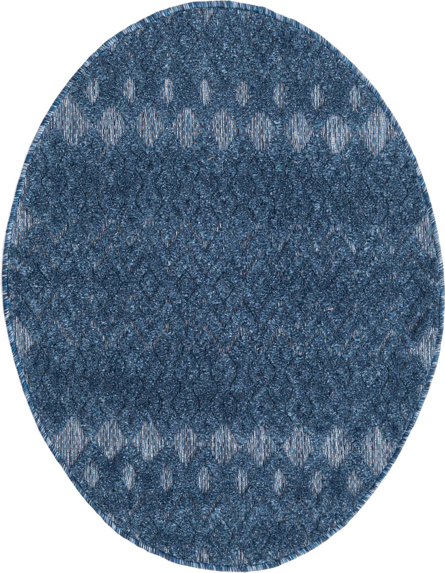 A 3' round navy blue indoor/outdoor rug with a textured high-low tribal trellis pattern.