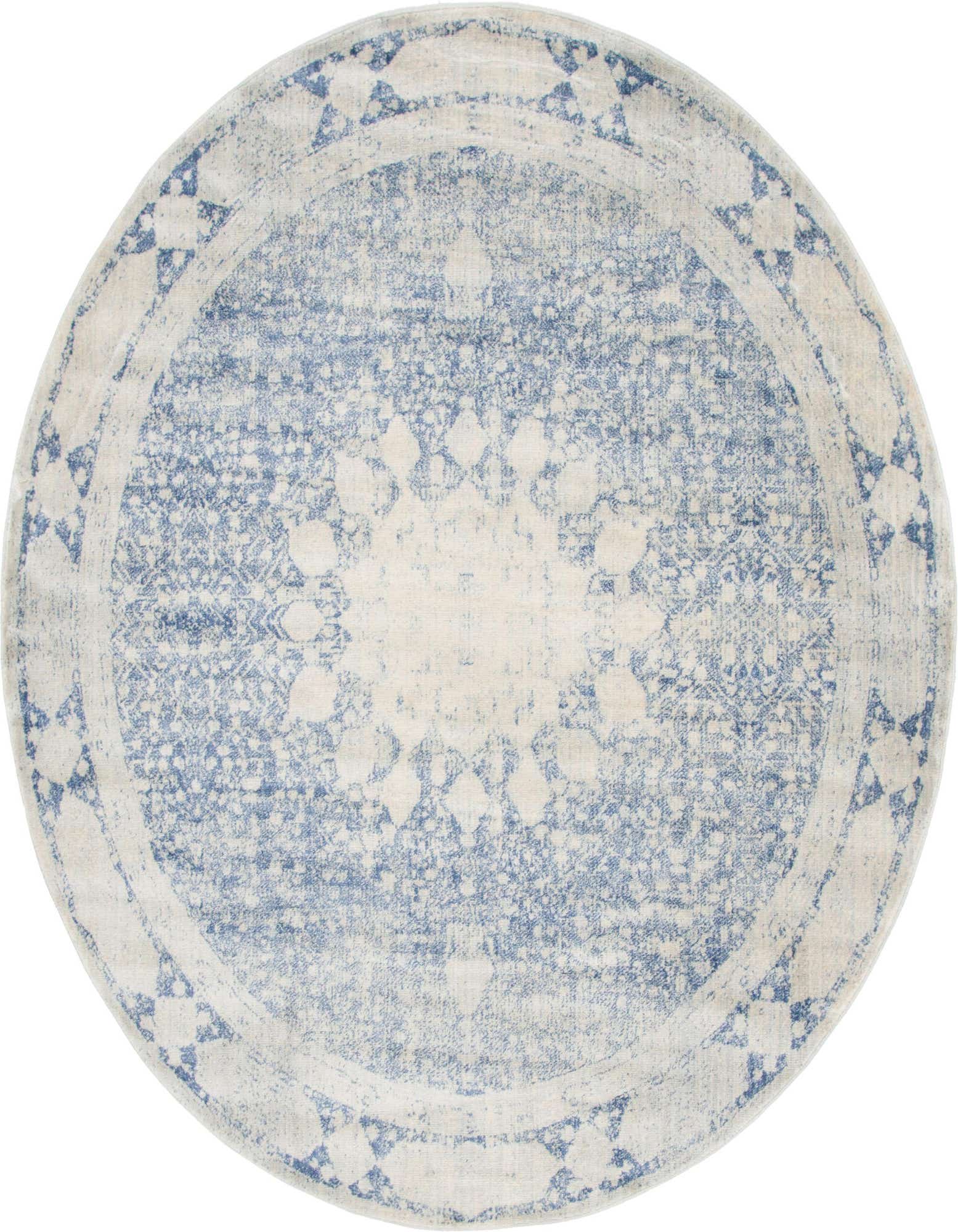 A round 8' 0 x 8' 0 blue and cream medallion rug with a distressed Bohemian pattern and decorative border.