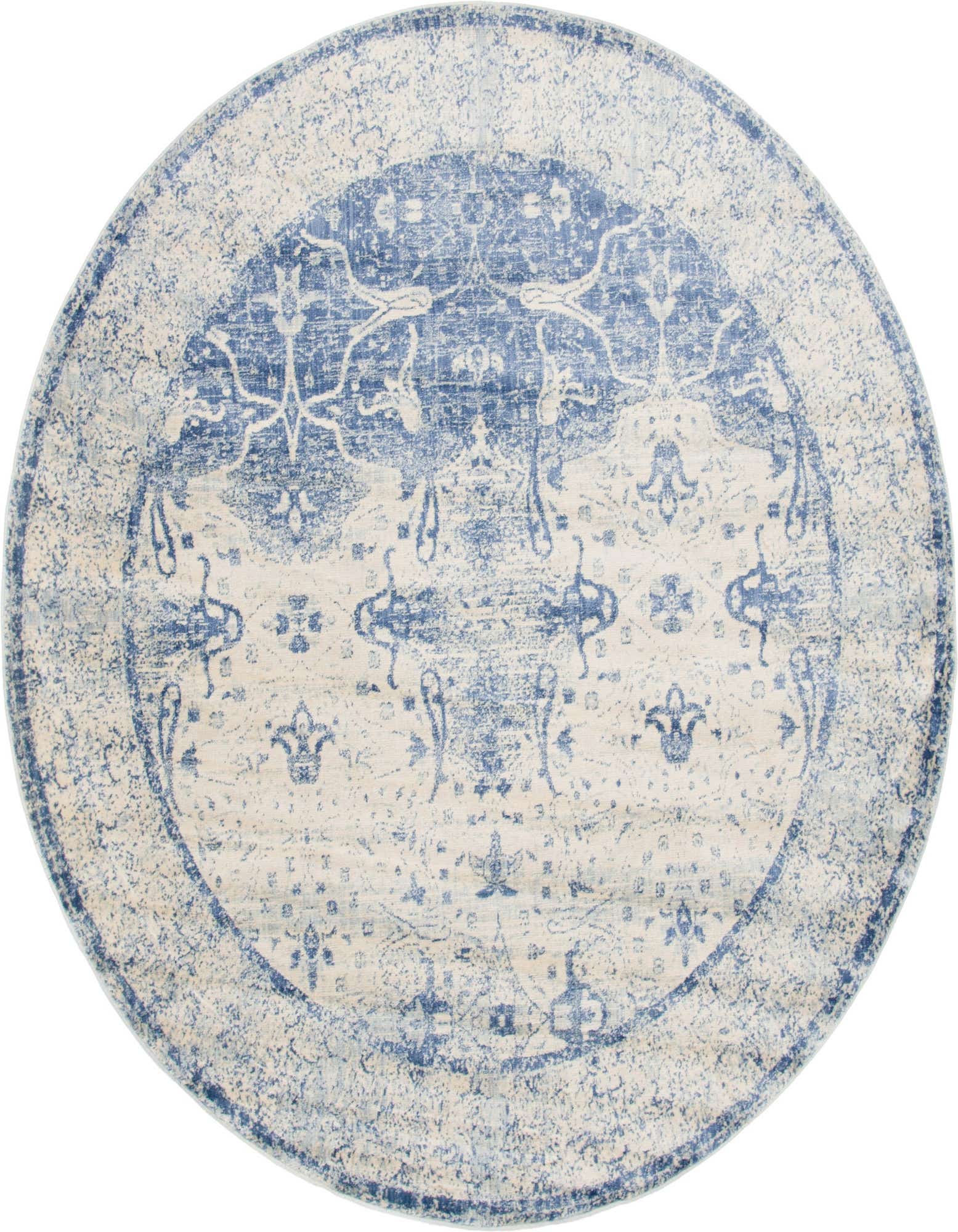 A round 8' blue and cream medallion rug with a distressed, shabby-chic pattern, perfect for a living room.