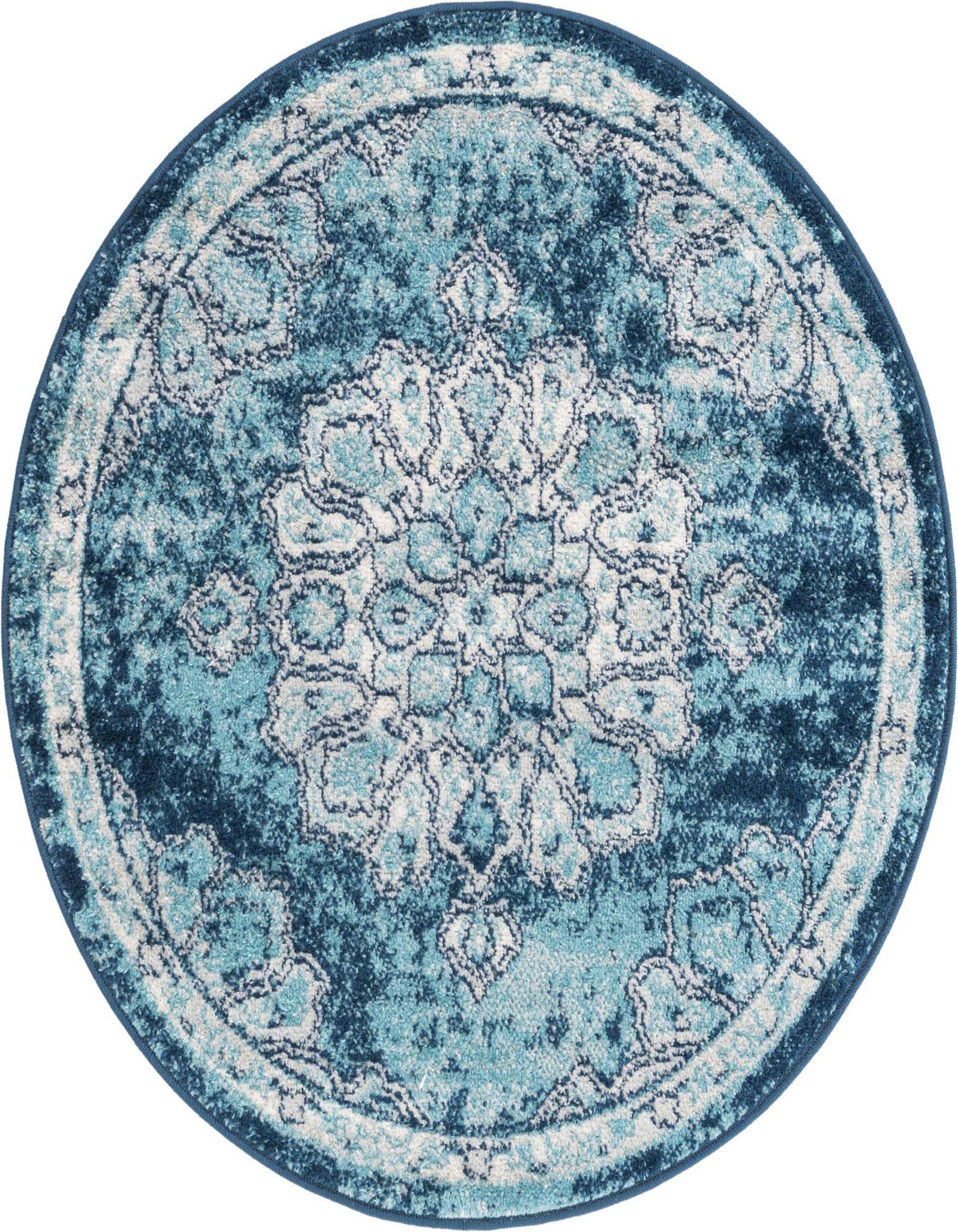 A 3' 3 round Parker rug featuring a distressed traditional medallion pattern in varying shades of blue.