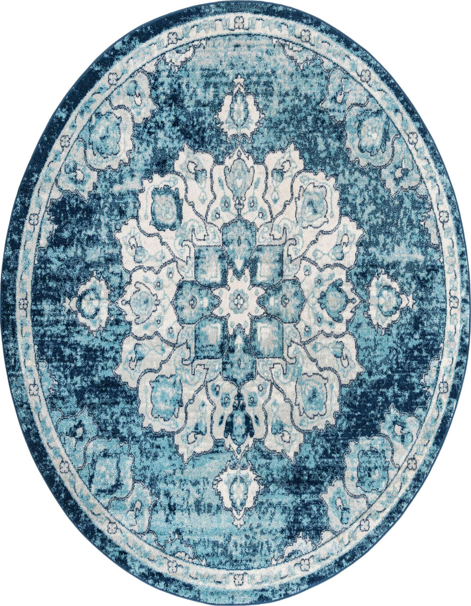 A round 7' 10 x 7' 10 Parker rug in varying shades of blue with a vintage botanical medallion pattern.