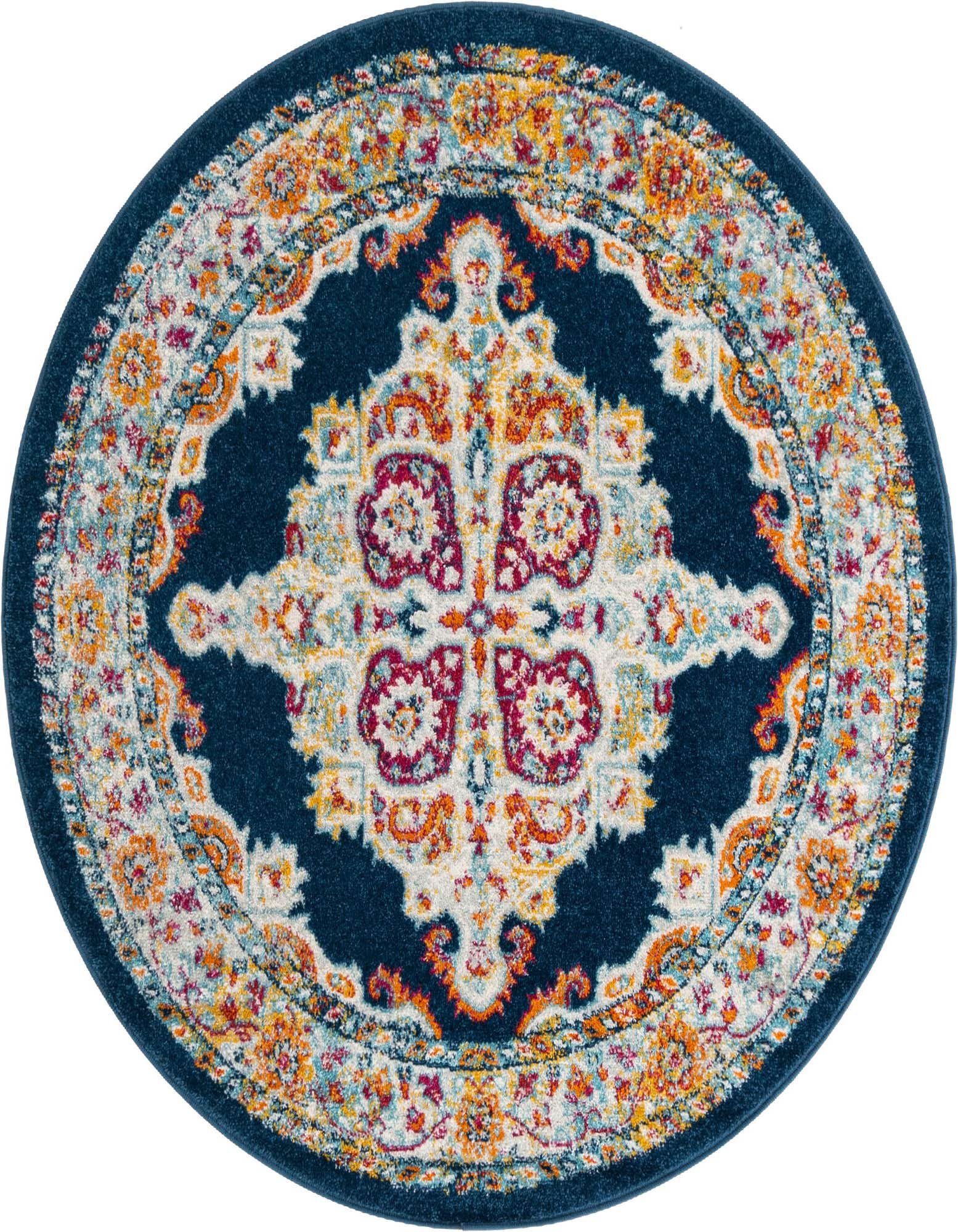 A 5' round navy blue rug with a distressed traditional medallion pattern in orange, red, and light blue.