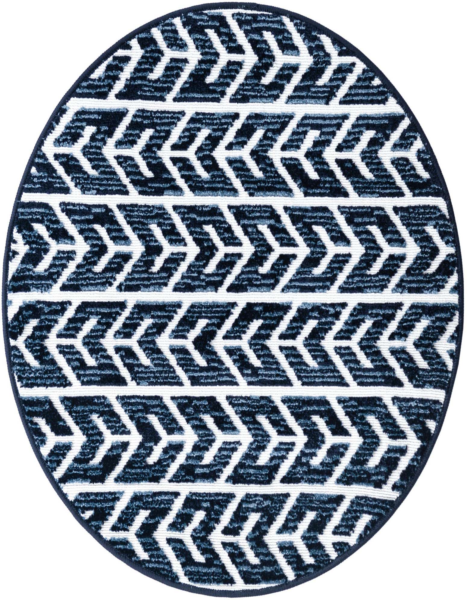 A round navy blue and white rug with a bold Southwestern tribal chevron pattern, suitable for indoor or outdoor use.