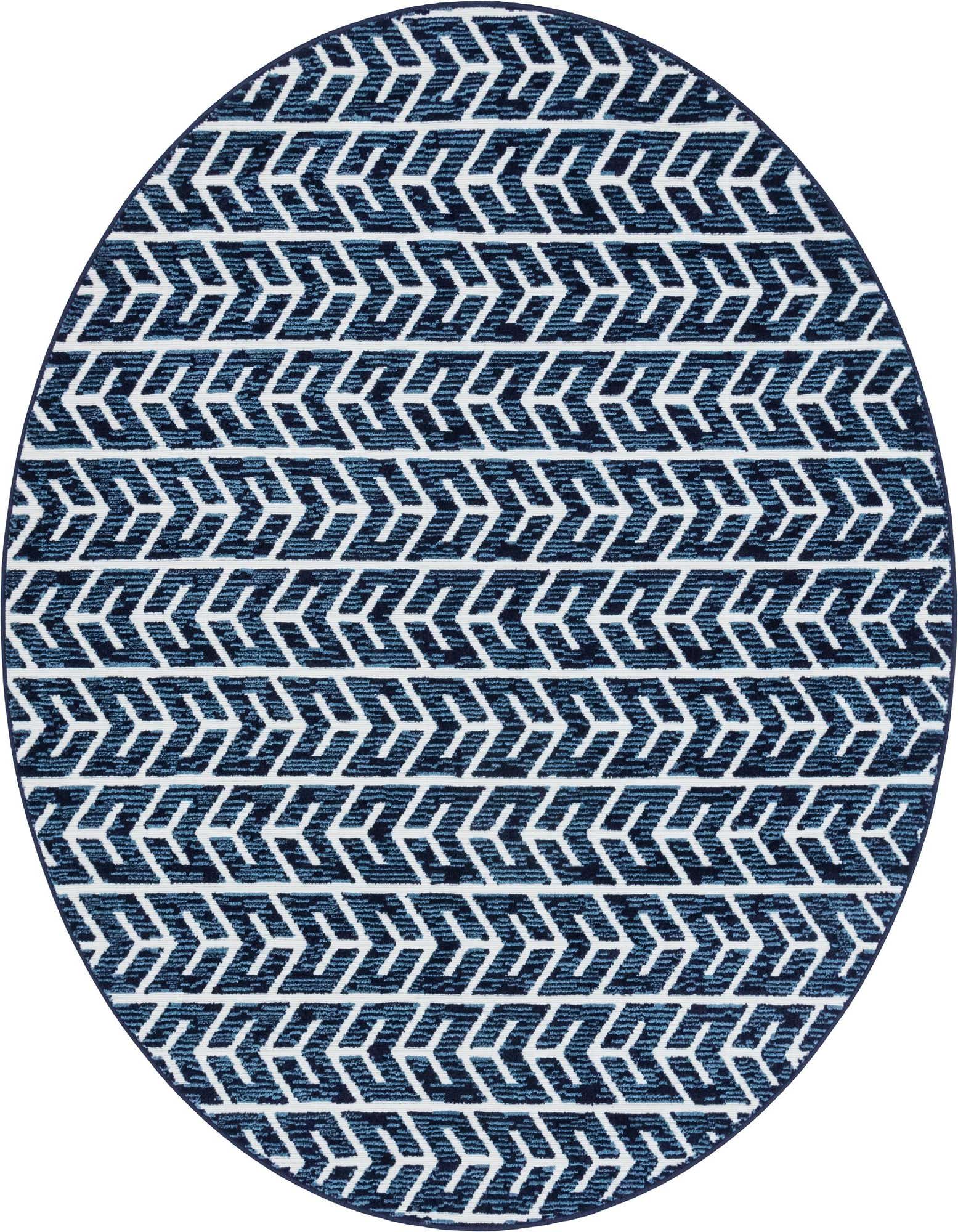 A 4' round navy blue and white rug with a modern Southwestern tribal pattern, suitable for indoor or outdoor use.