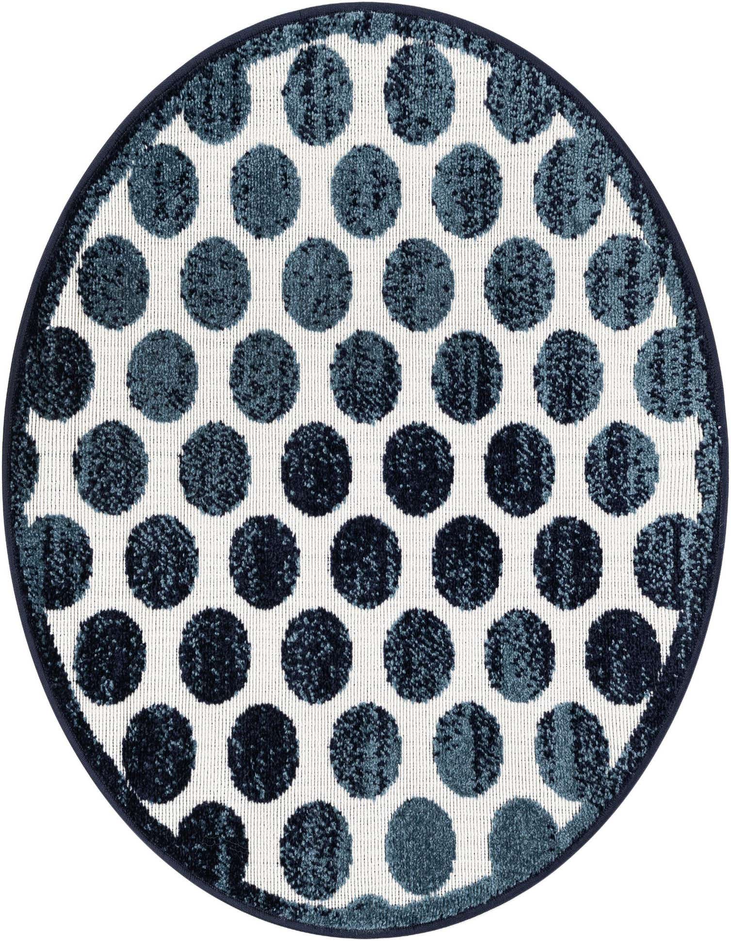 A round 3' 0 x 3' 0 Rugs.com Sabrina Soto Outdoor rug with a modern blue polka dot pattern on a white background.