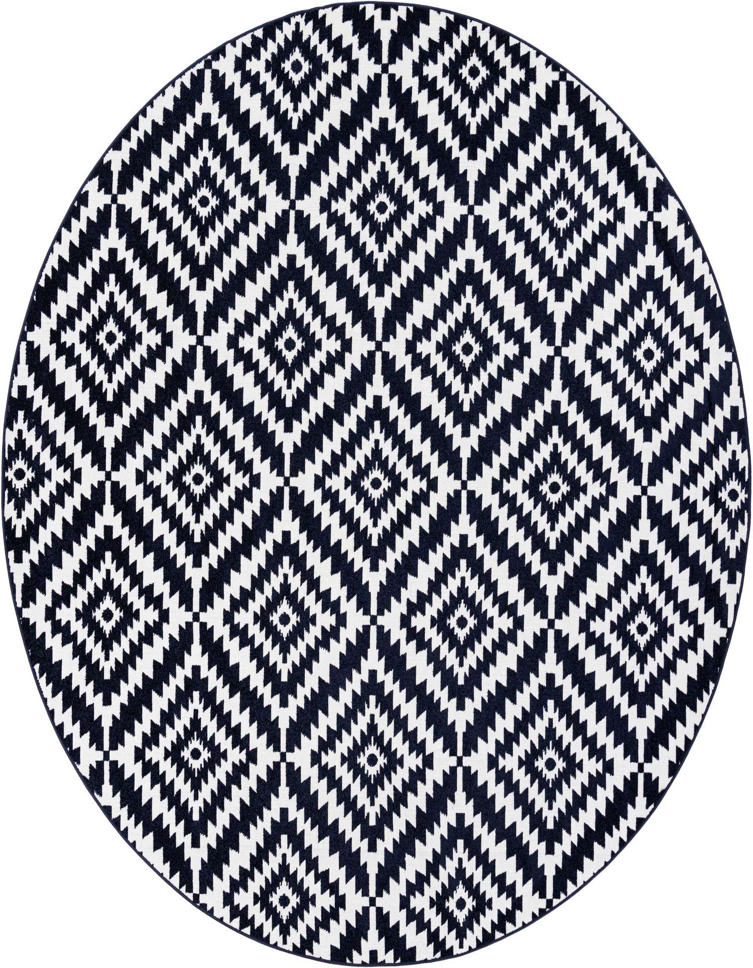 A 10' round navy blue and white modern geometric rug with a diamond and stripe pattern, suitable for indoor or outdoor use.