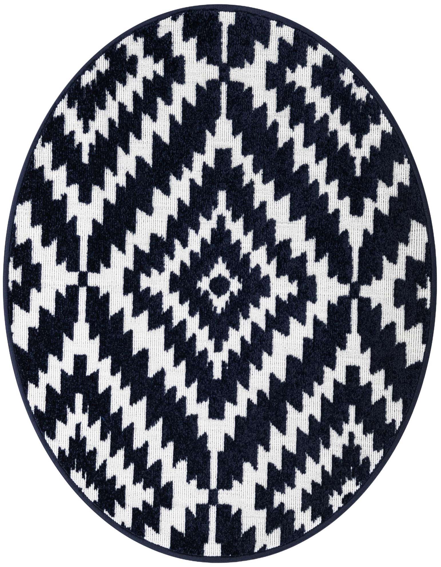 A 3' round navy blue and white modern medallion rug with a textured pile, suitable for indoor or outdoor use.