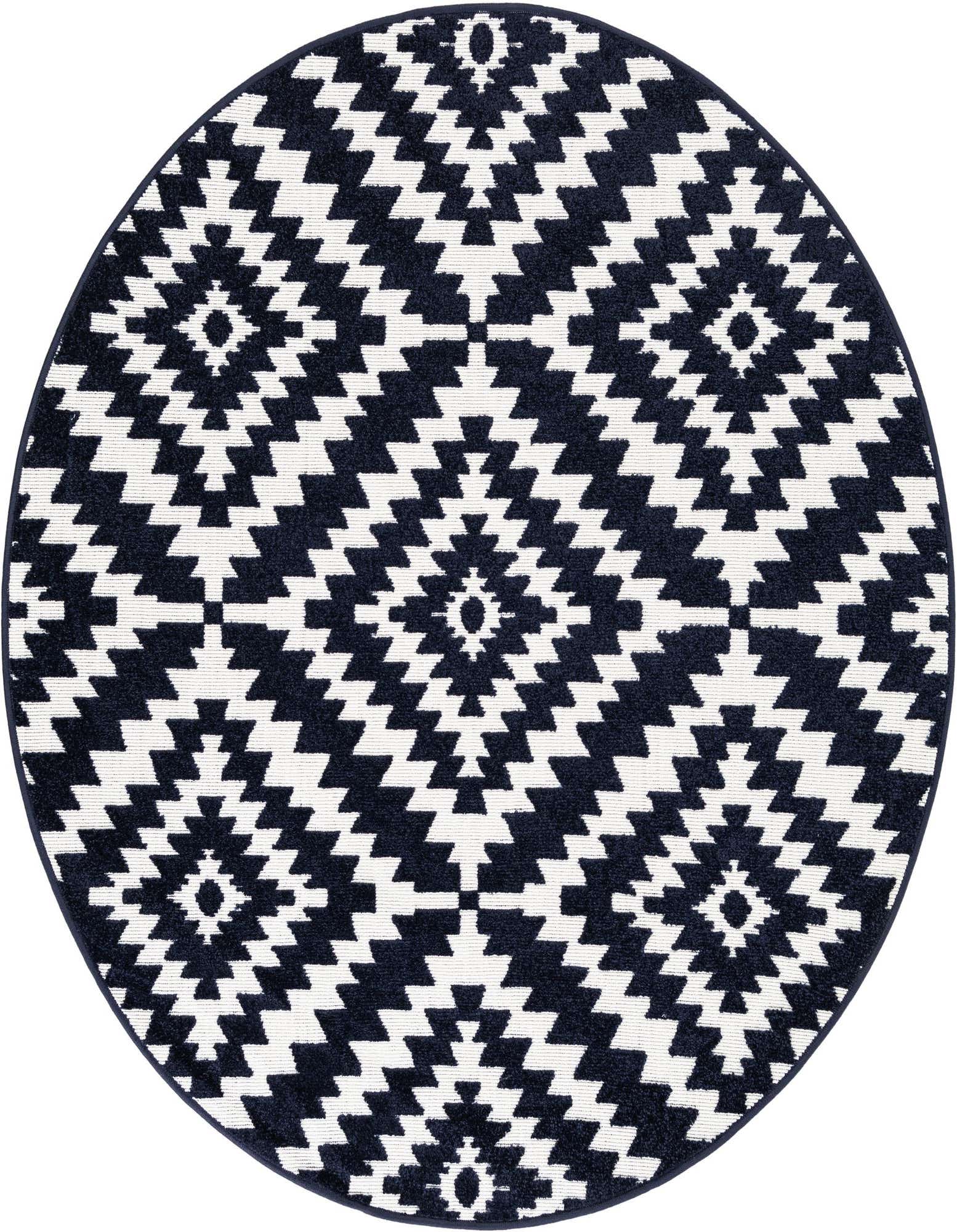 A 5' round navy blue and white modern geometric rug, featuring a repeating diamond pattern, suitable for indoor or outdoor use.