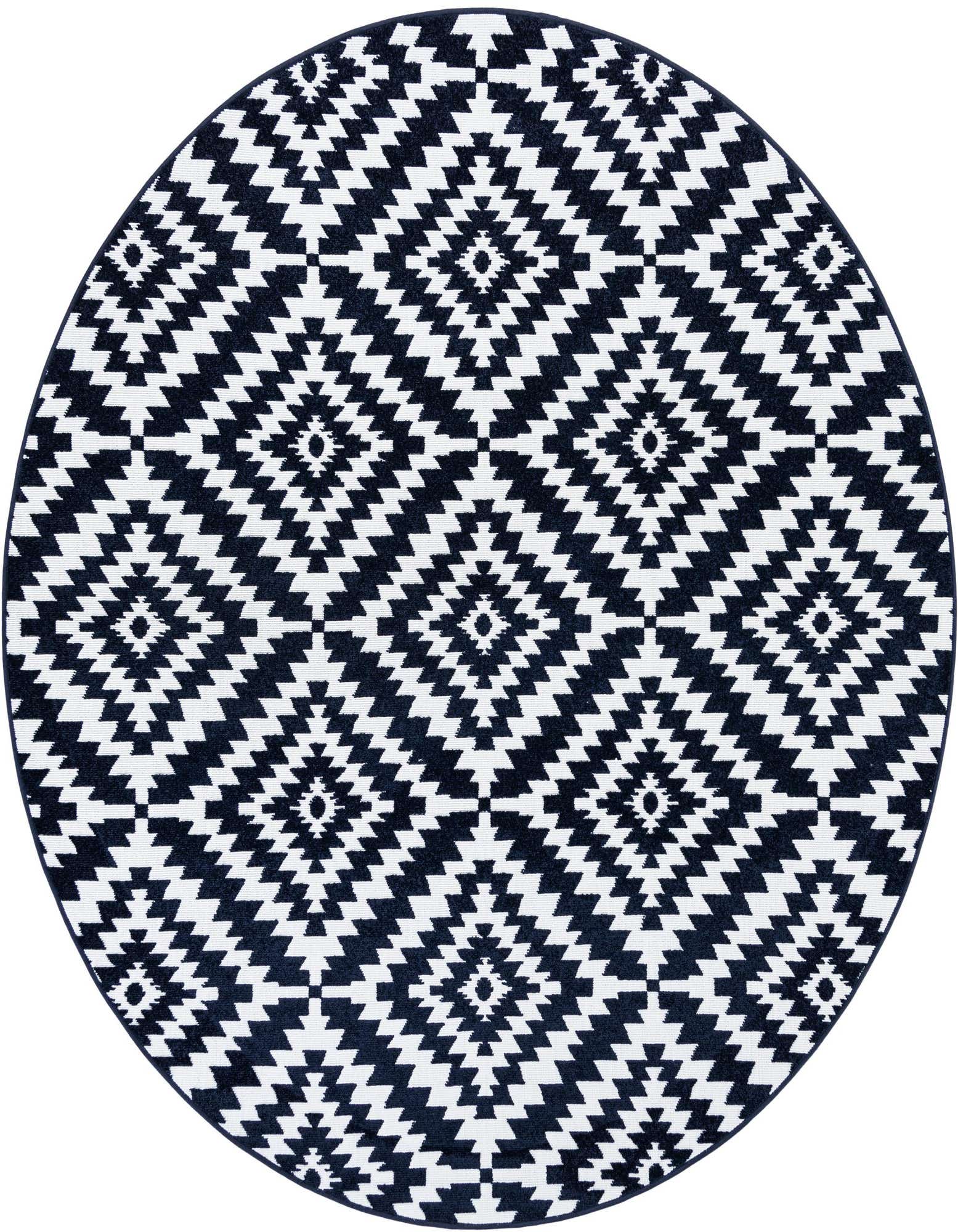 A round navy blue and white modern geometric rug with a repeating diamond pattern, suitable for indoor or outdoor use.
