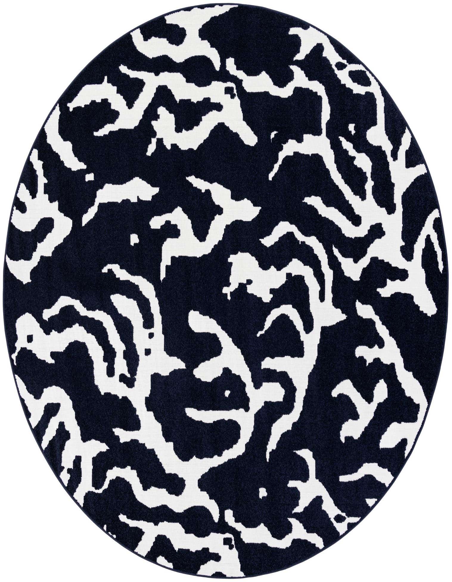 A 10-foot round navy blue and white modern abstract rug with a textured, medium pile, suitable for indoor or outdoor use.