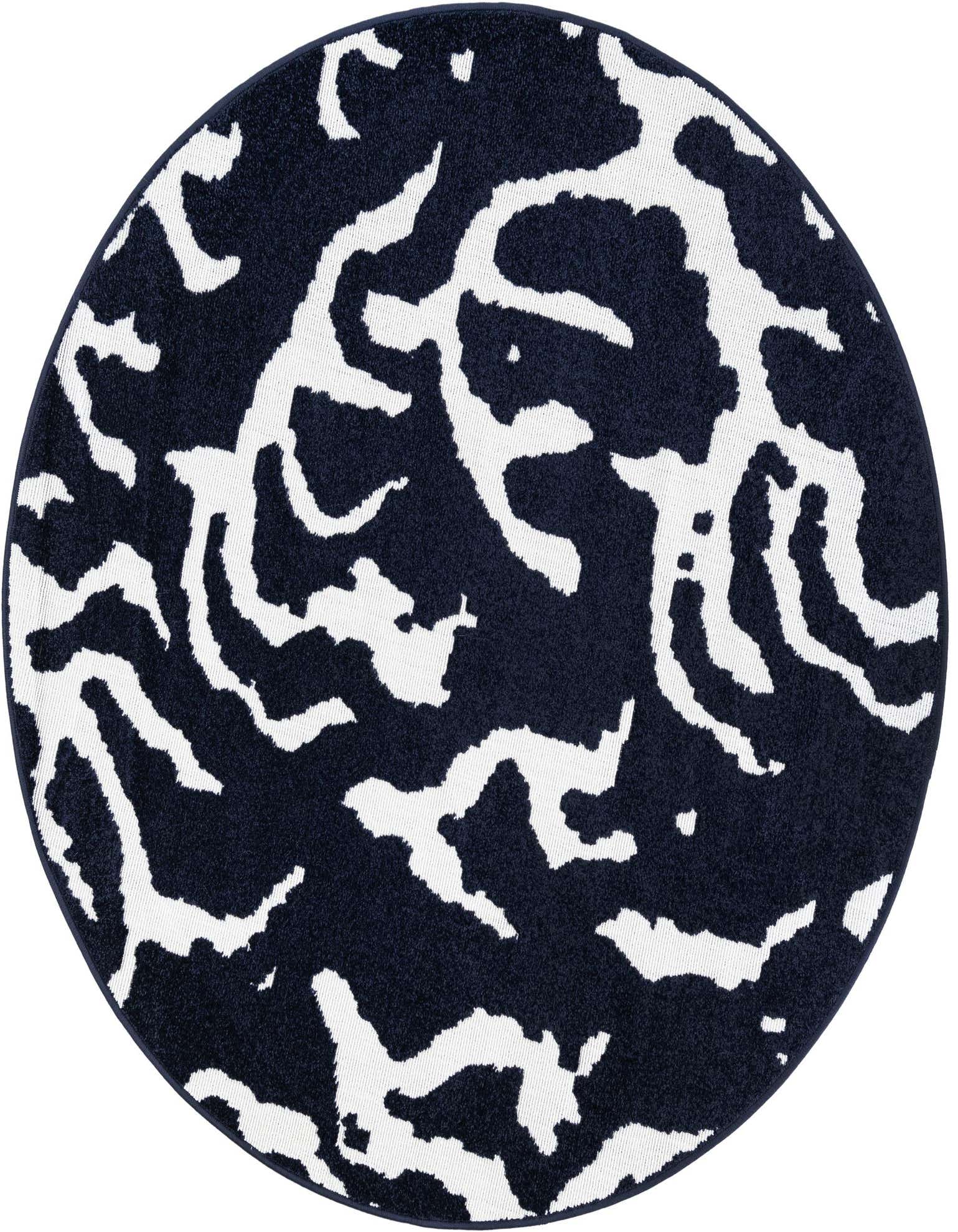 A 5' round navy blue and white modern abstract rug with a textured, medium pile, suitable for indoor or outdoor use.
