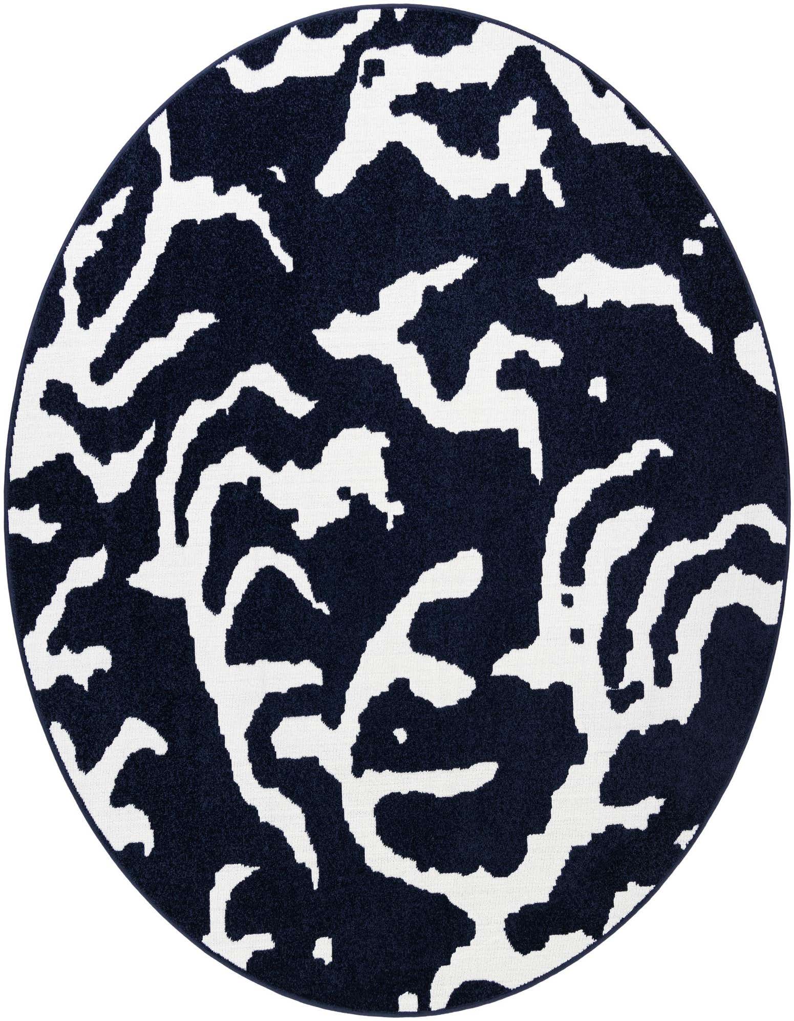 A 7' 10 round navy blue and white abstract rug with a modern pattern, suitable for indoor or outdoor use.