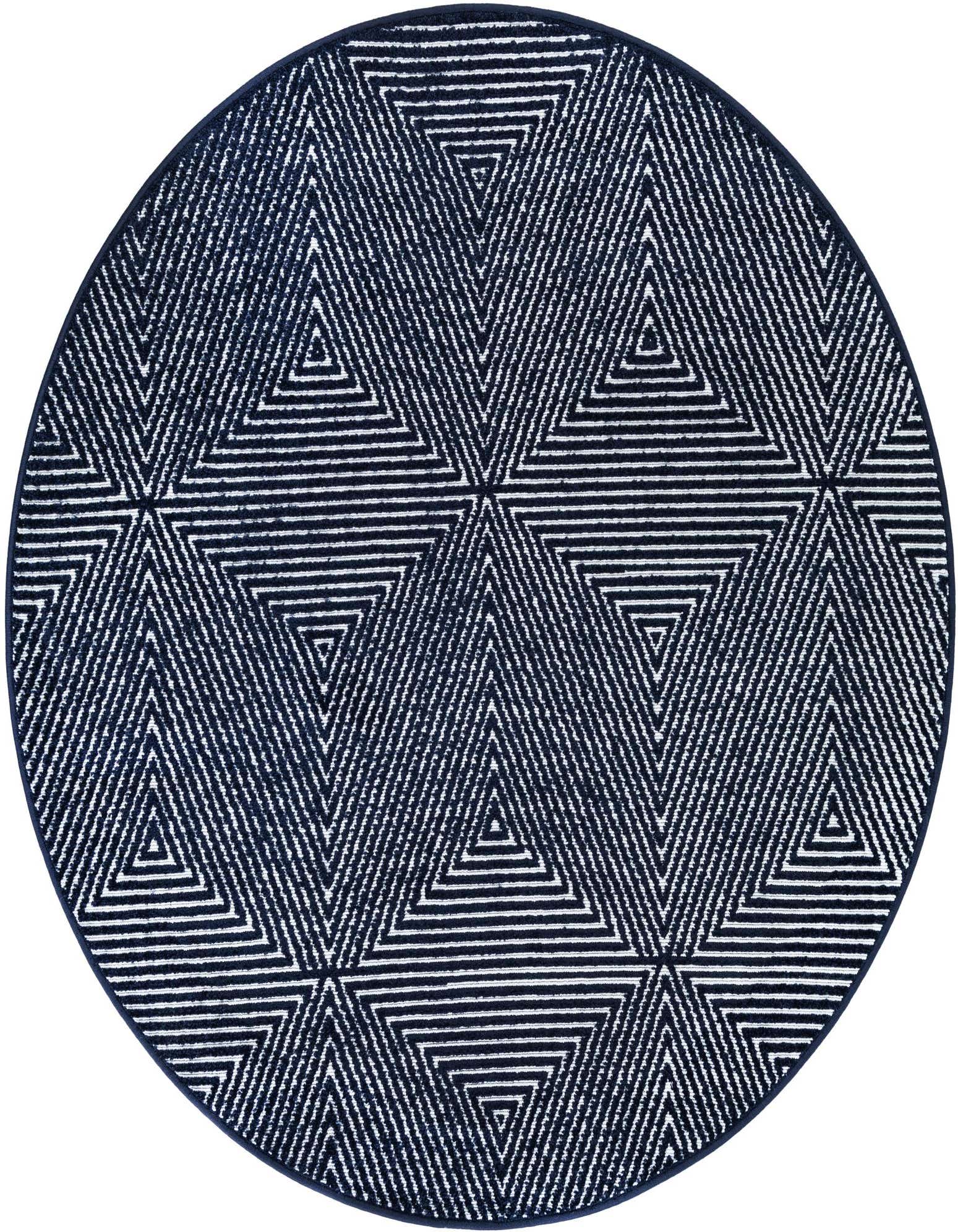 A round navy blue and white modern outdoor rug with a repeating geometric triangle pattern.