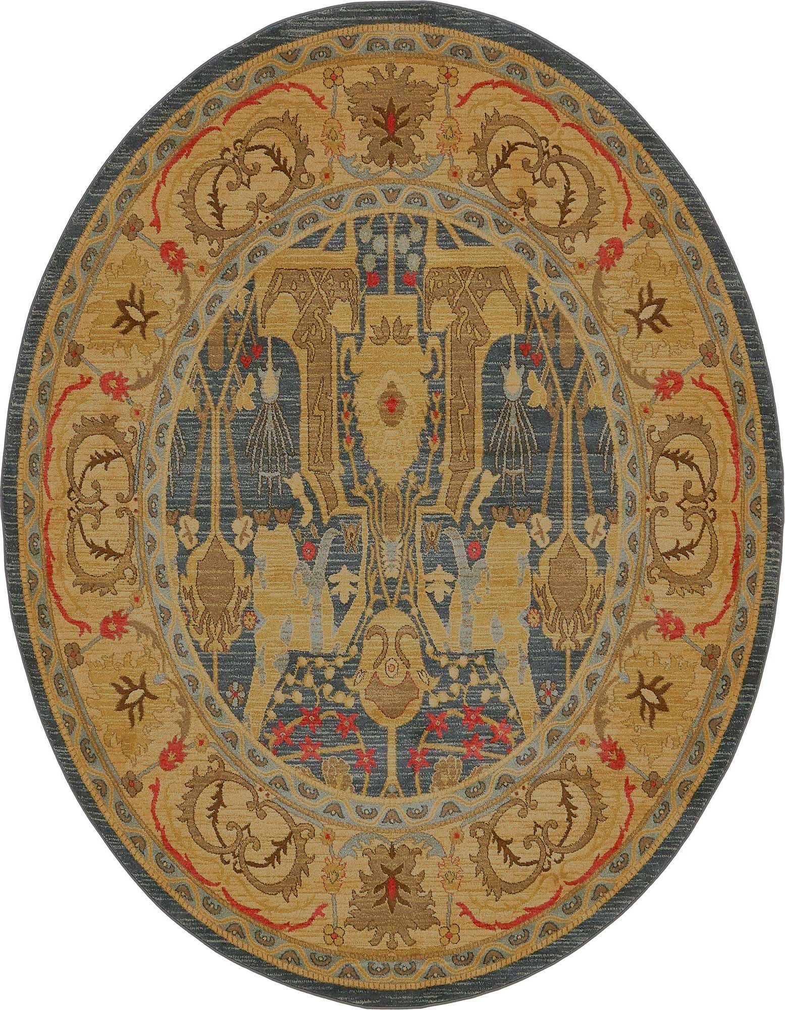 A round 8' x 8' Rugs.com Sara rug featuring a complex traditional and tribal pattern in blues, gold, and red.