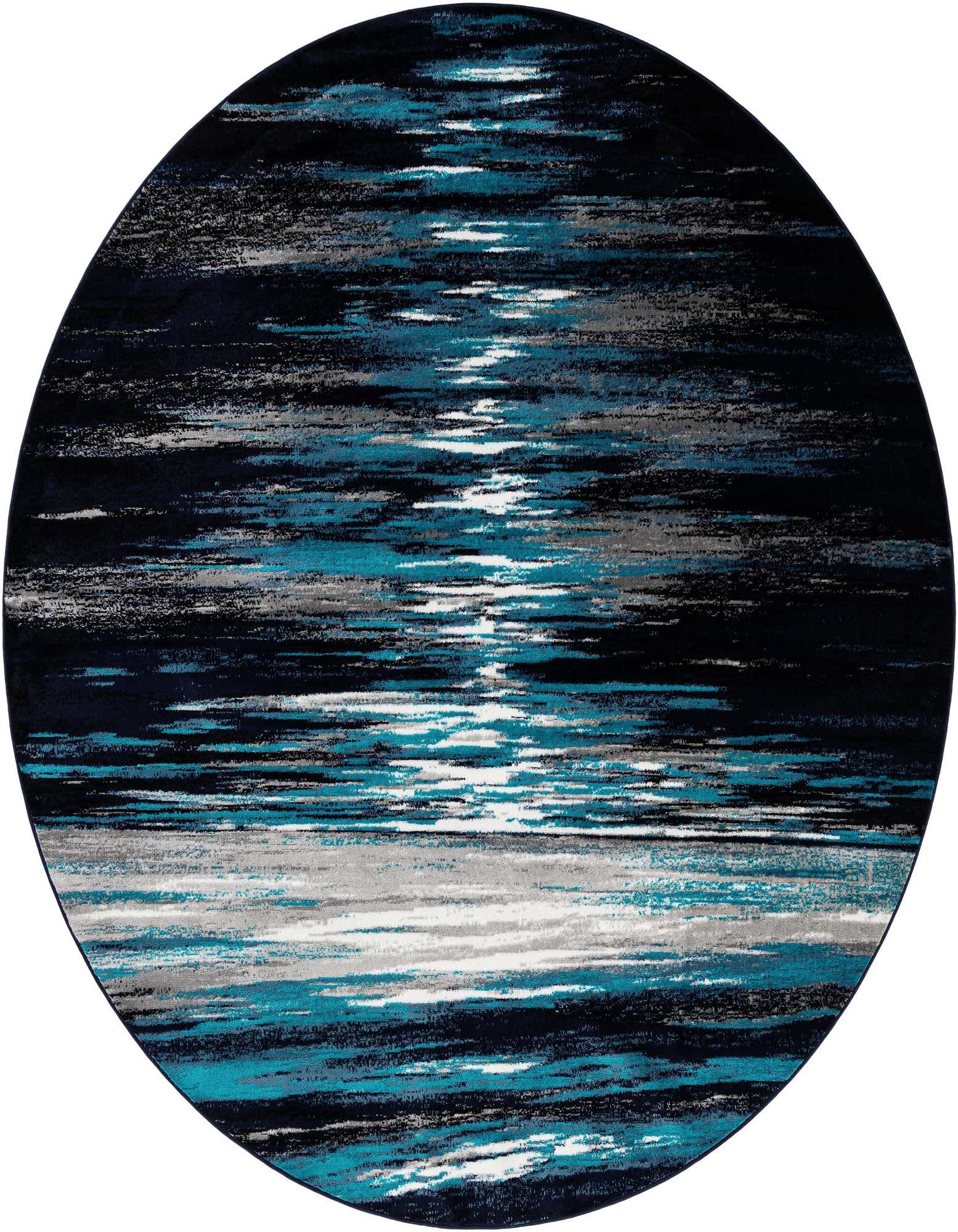 A 10-foot round modern abstract rug featuring horizontal brushstrokes in navy, teal, grey, and white.