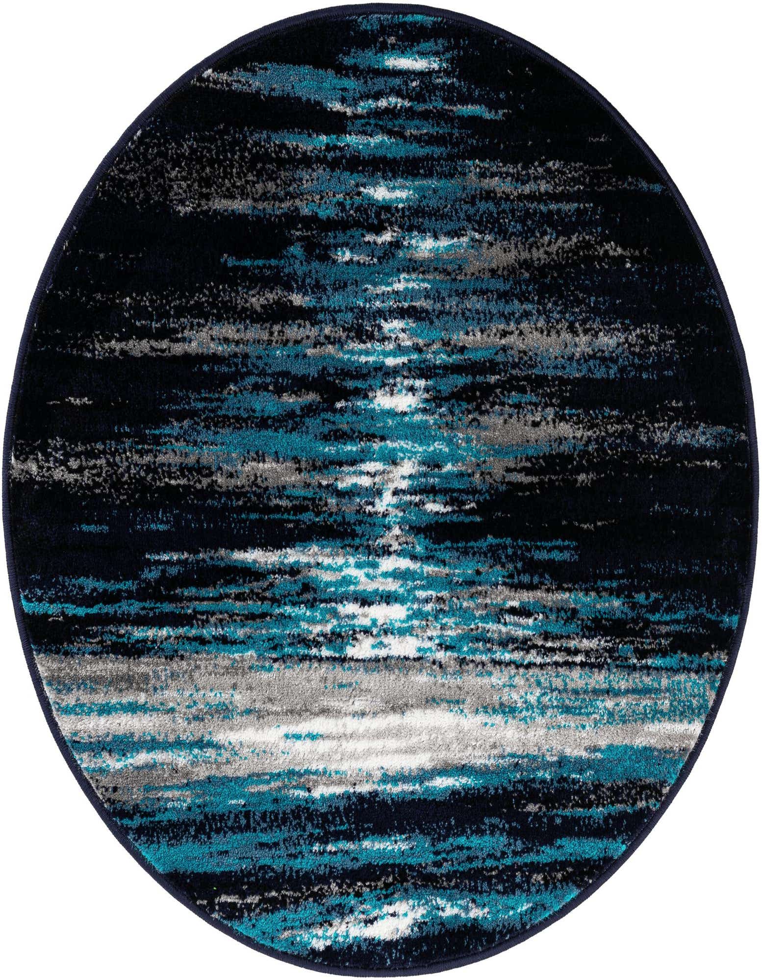 A round 3' 3" x 3' 3" modern abstract rug featuring horizontal streaks of navy blue, teal, gray, and white.