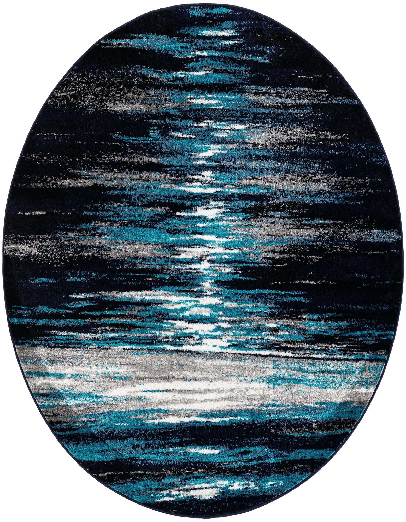 A 6' 1 x 6' 1 round rug featuring a modern abstract pattern in varying shades of navy blue, teal, gray, and white.
