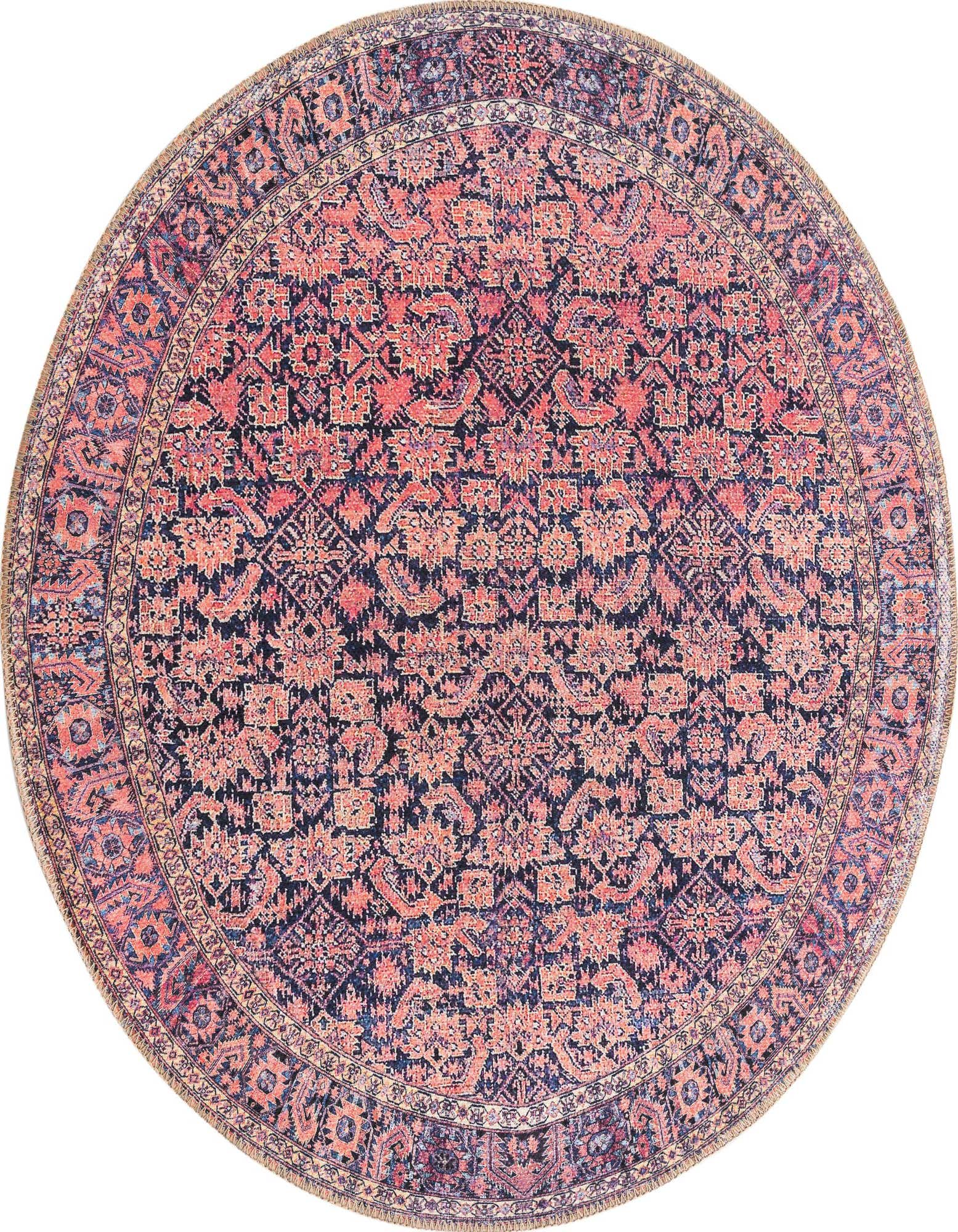 A 3'6" round navy blue and coral Southwestern-style rug with intricate floral and geometric patterns.