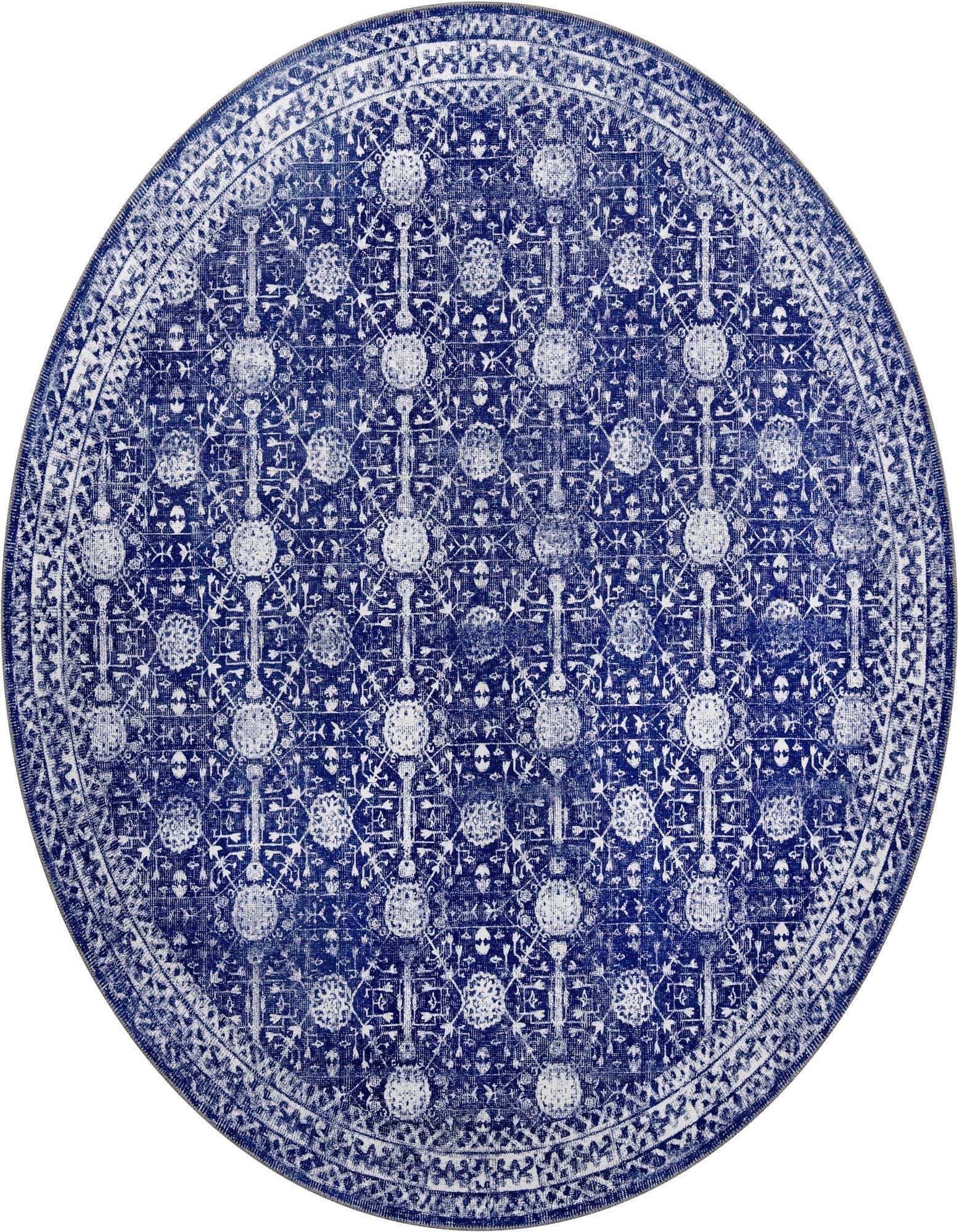 A 7' 6 round navy blue rug with a distressed white transitional floral pattern and a decorative border.