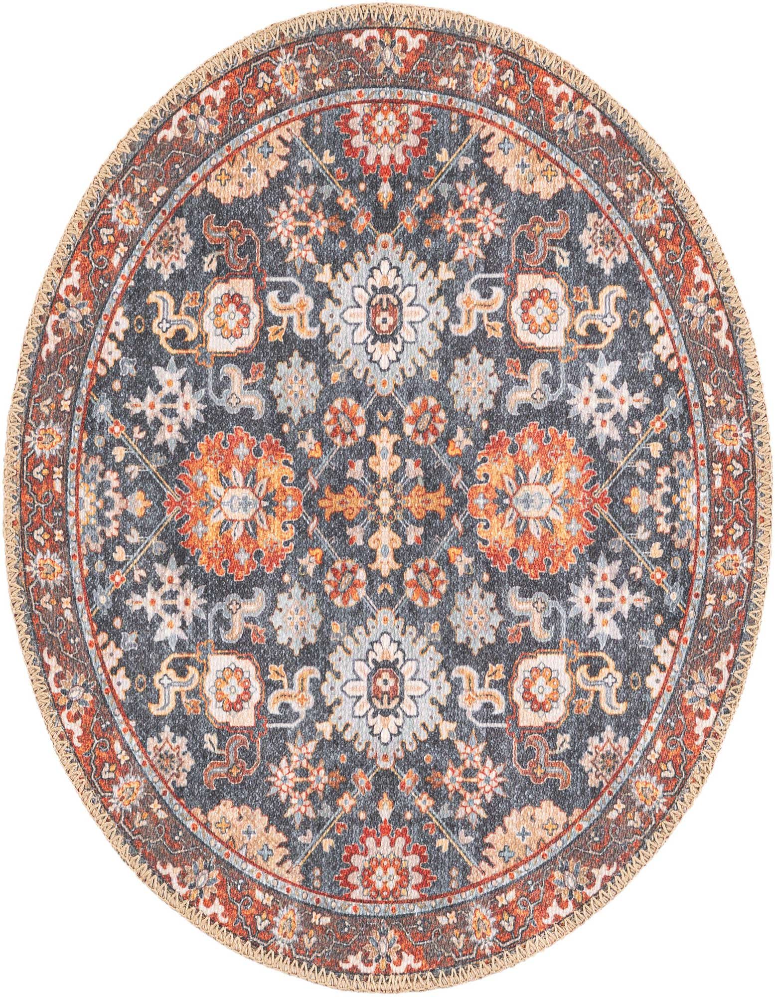 A 2' round navy blue rug with an intricate orange, red, and light blue traditional medallion pattern and a textured flatweave.