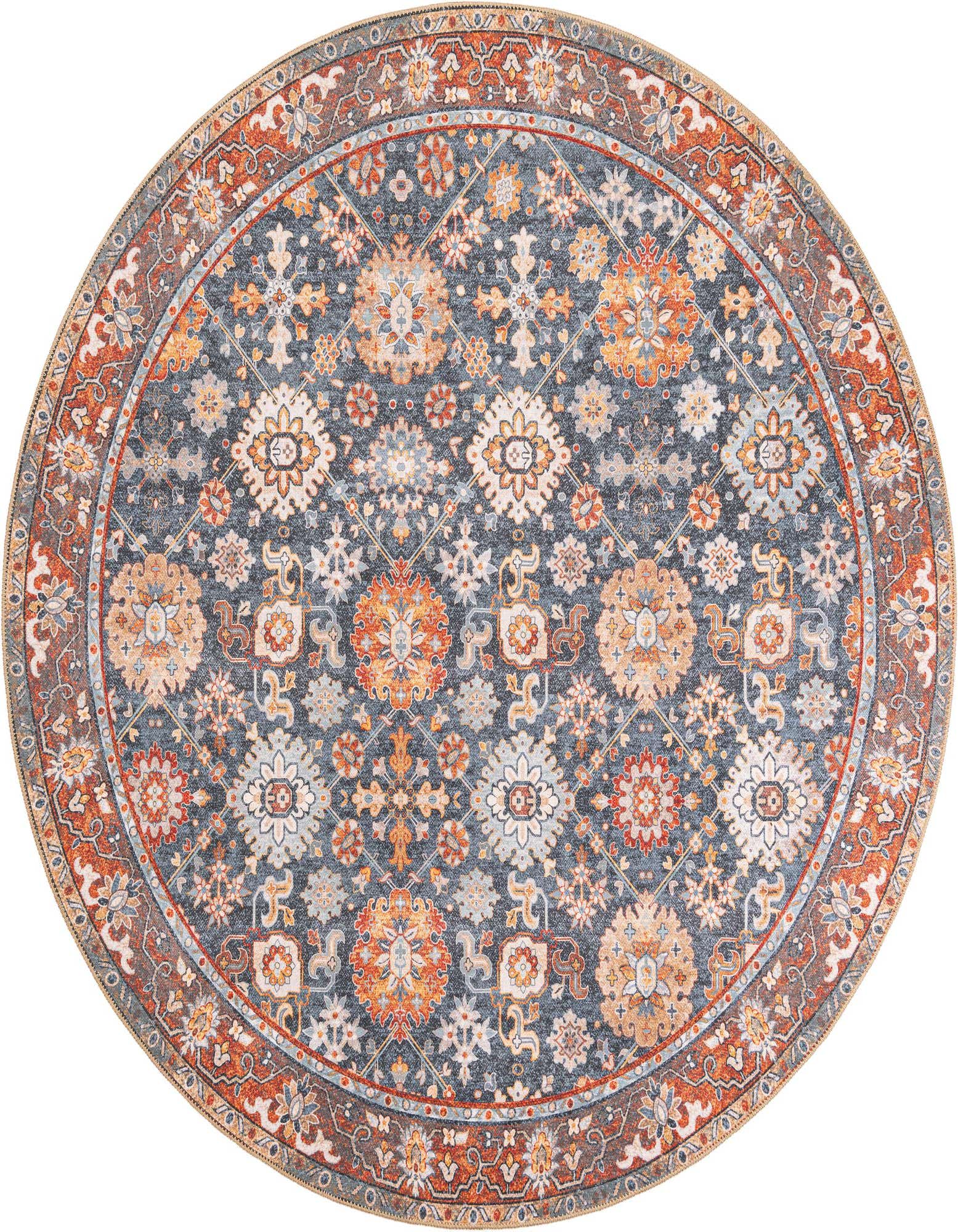 A round 7'10" x 7'10" Timeless Collection rug featuring a traditional Oriental medallion pattern in shades of blue, orange, and cream.
