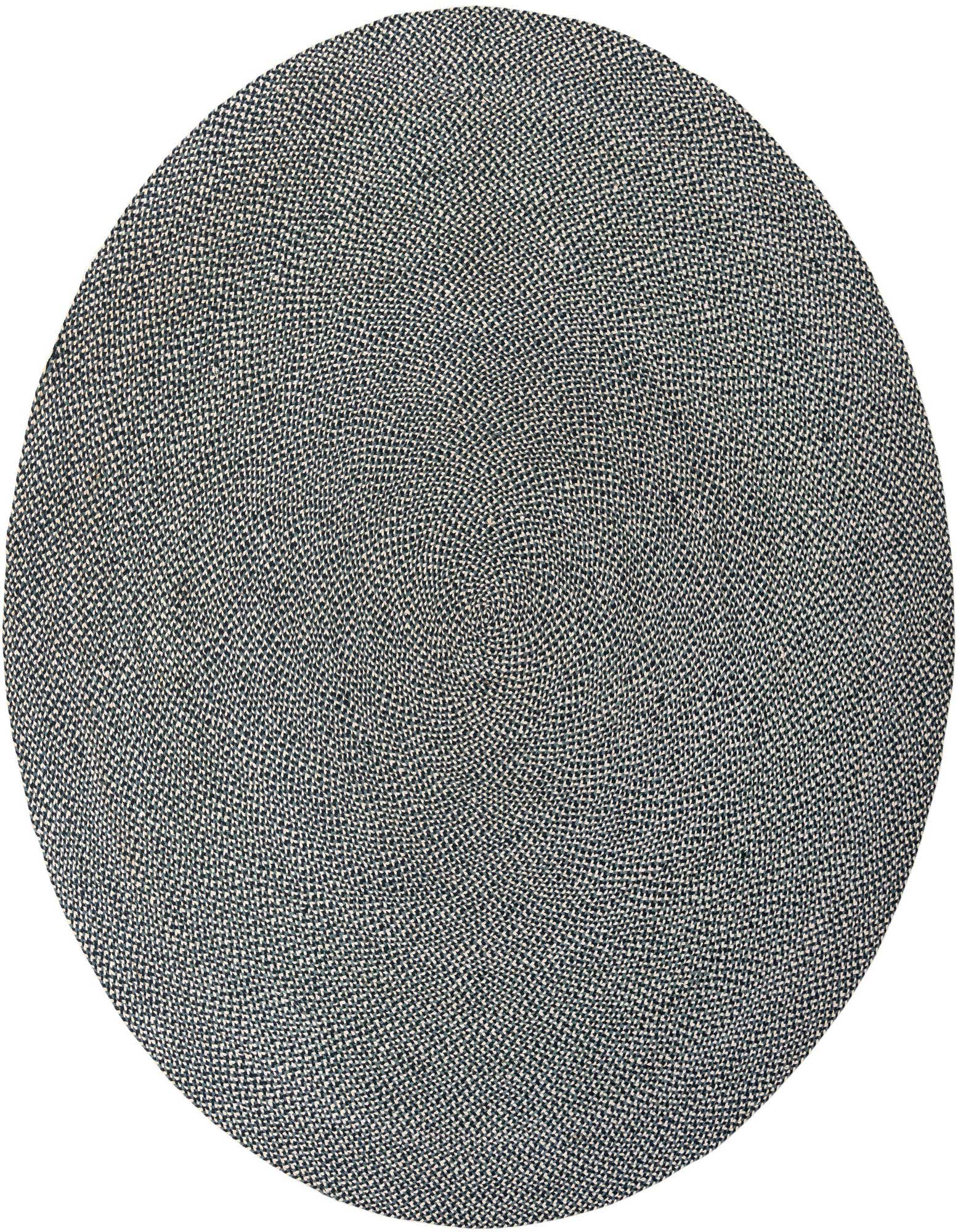 A 10-foot round braided jute rug in varying shades of blue and natural fibers, suitable for a patio or indoor space.