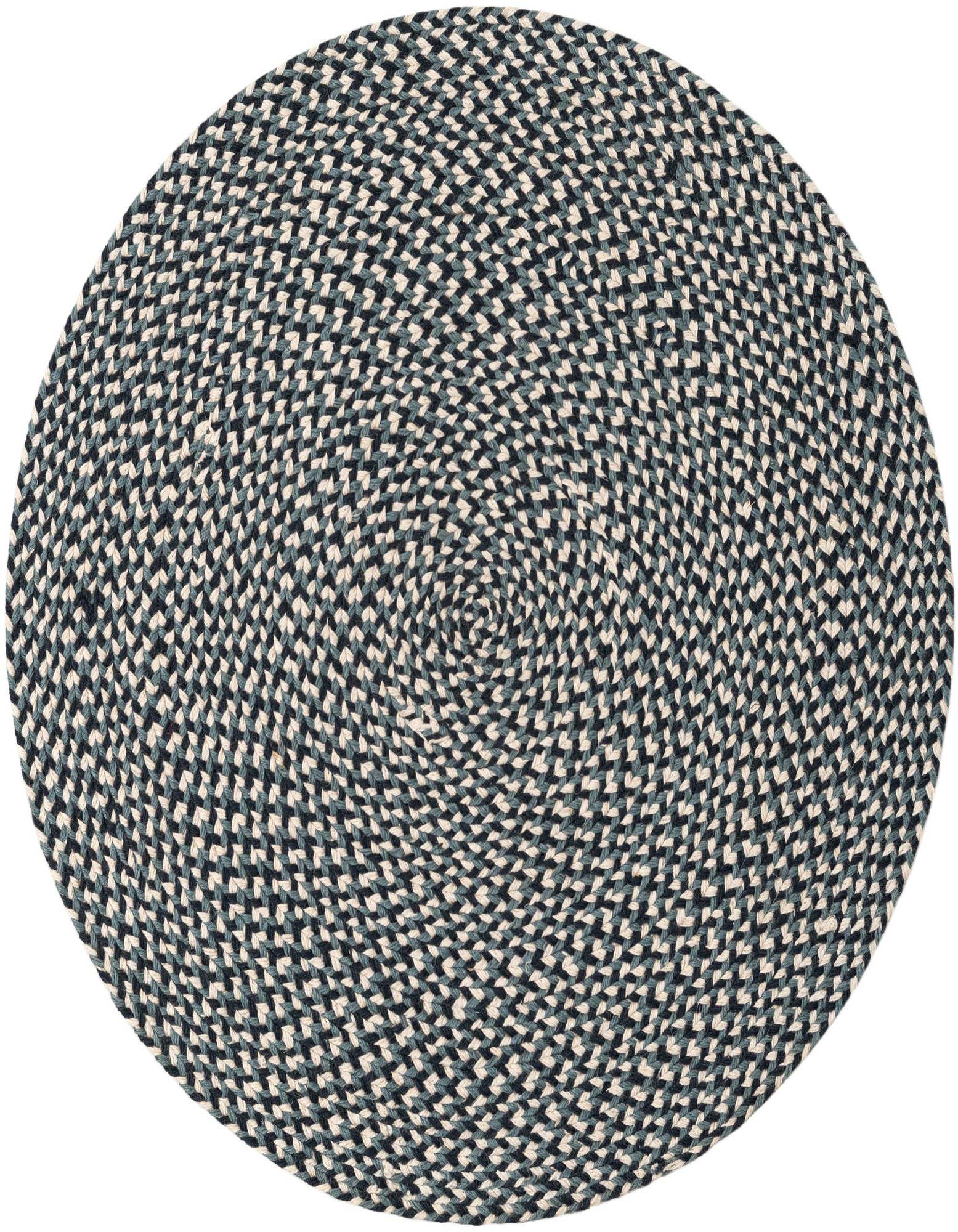 A round, braided jute rug in varying shades of blue and off-white, featuring a spiral pattern.