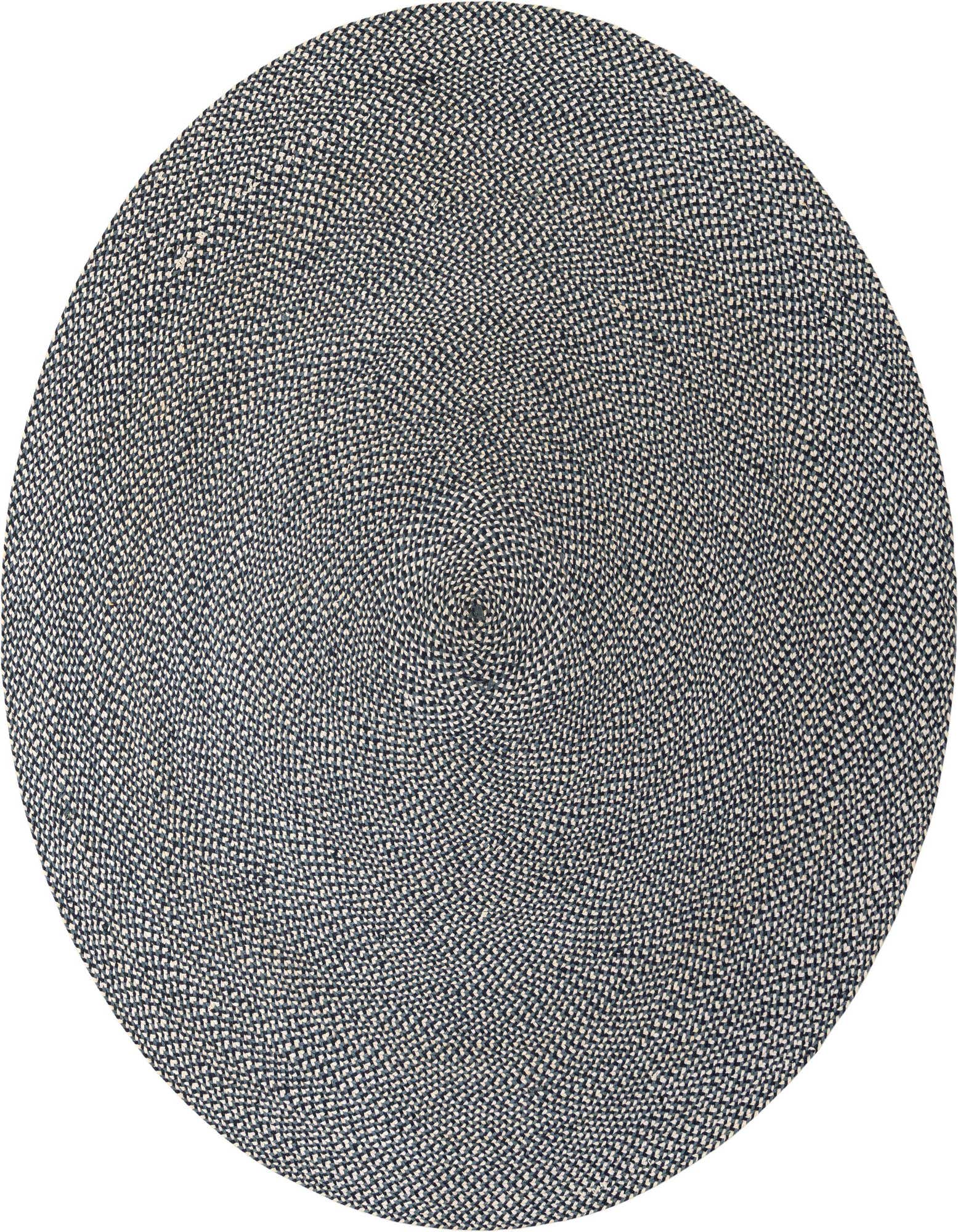 A 7' 10 round navy blue and natural jute braided rug with a modern, textured design.