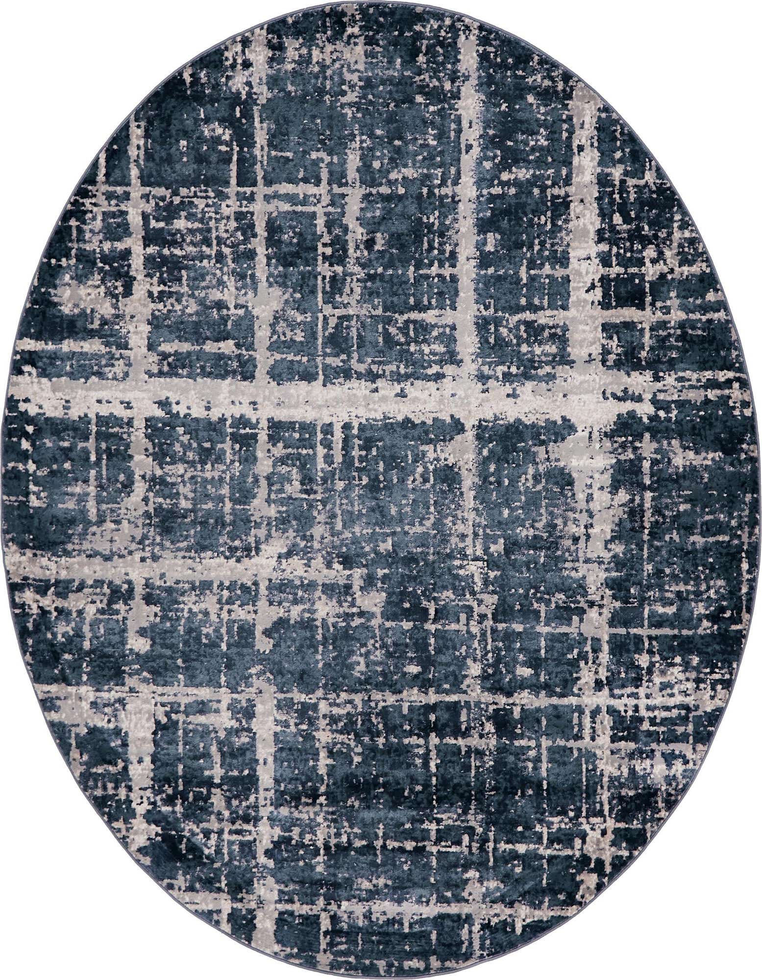 A round 8' 0 x 8' 0 navy blue and light gray rug with a distressed, modern grid pattern.