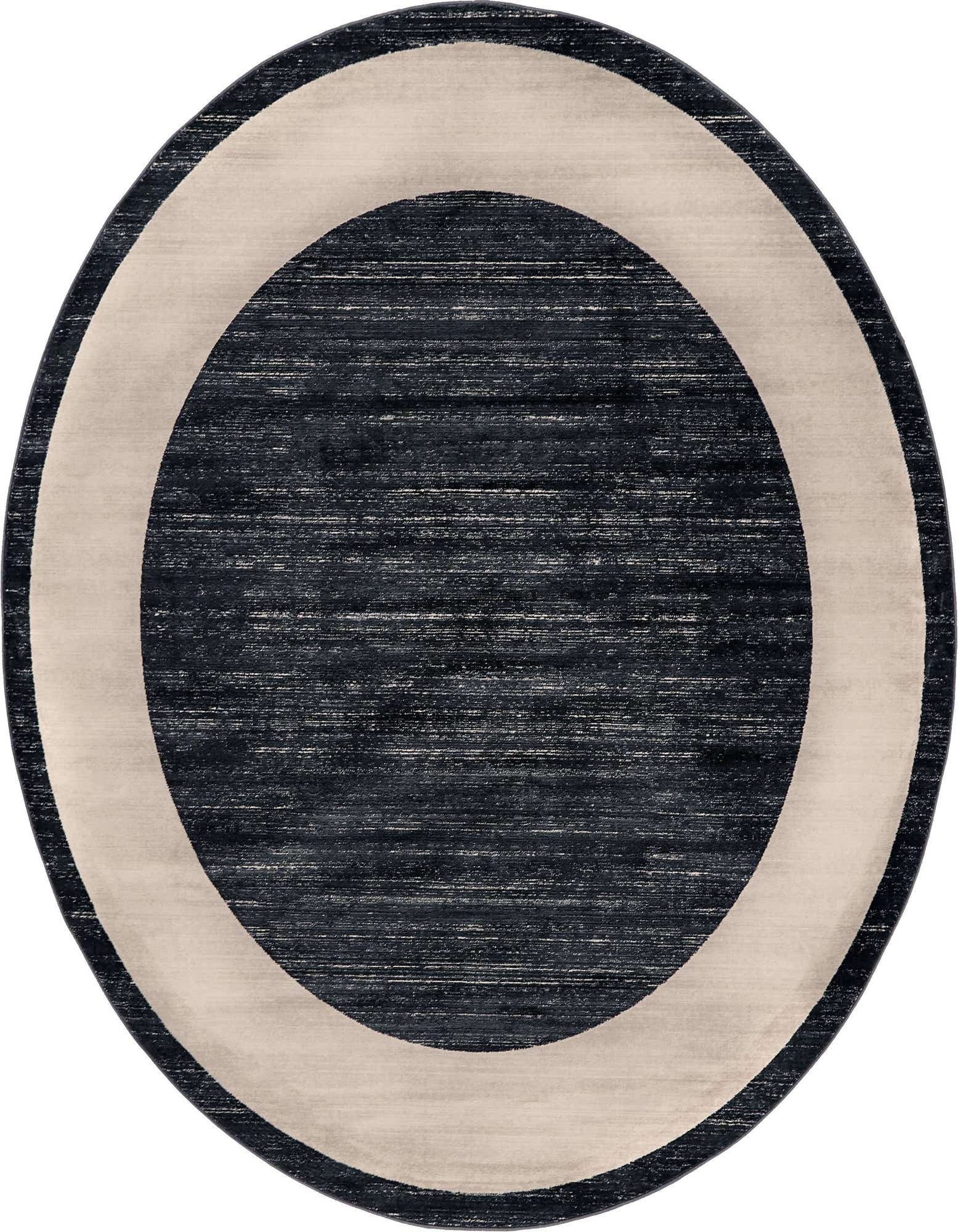 A round navy blue and cream rug featuring a wide cream border encircling a textured navy center.