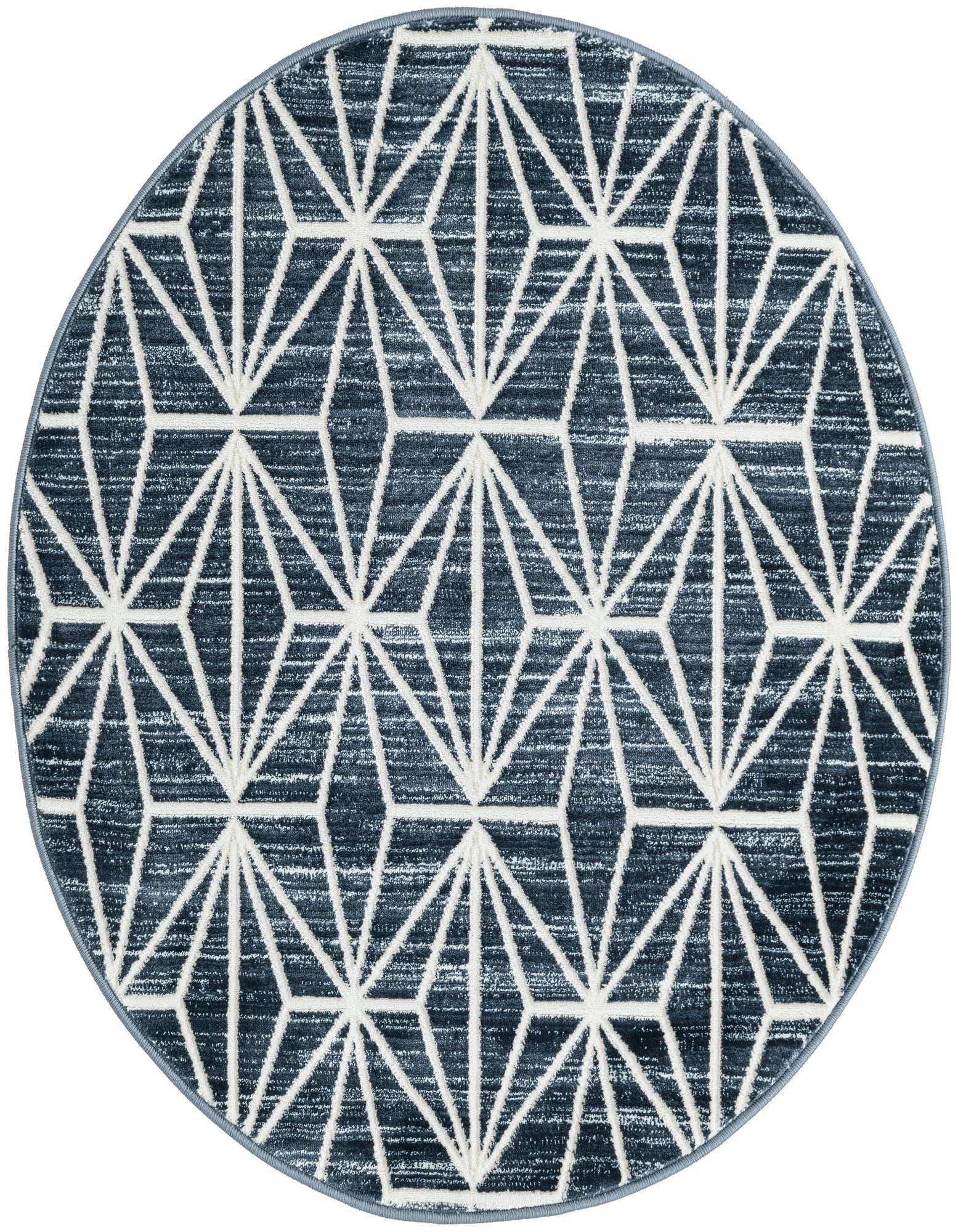 A 3' 3 x 3' 3 round navy blue rug with a white geometric Mid-Century modern abstract pattern.