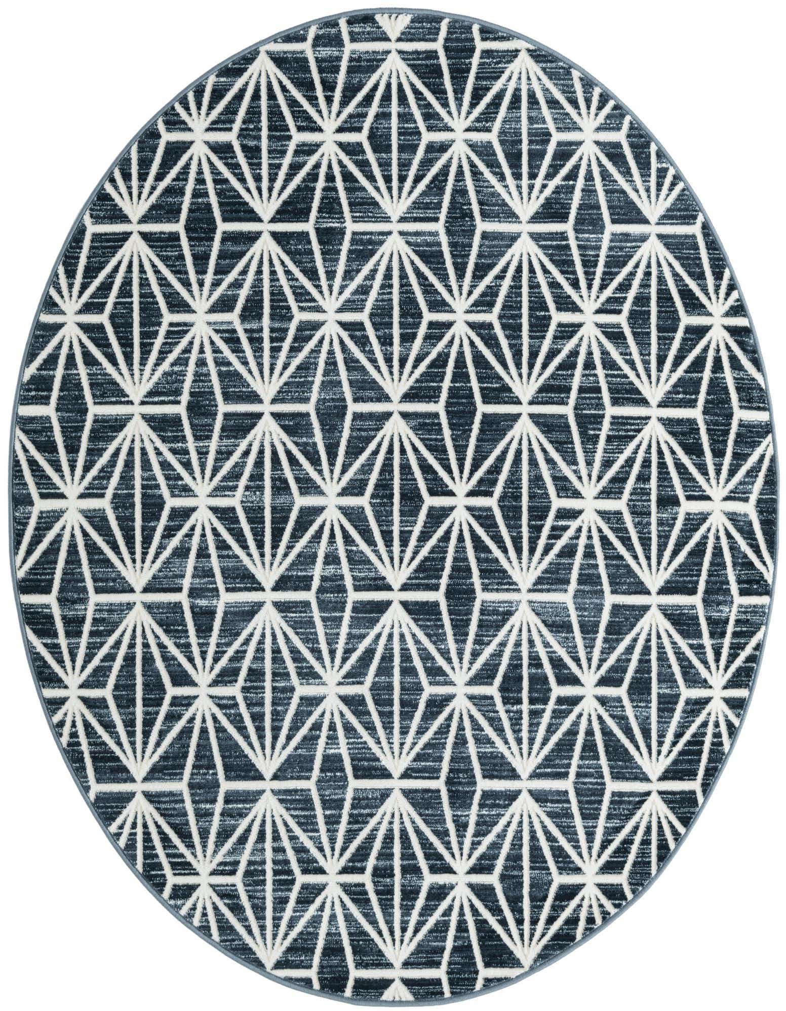 A 5' 3 round navy blue rug with a repeating white geometric abstract pattern, ideal for a modern living space.