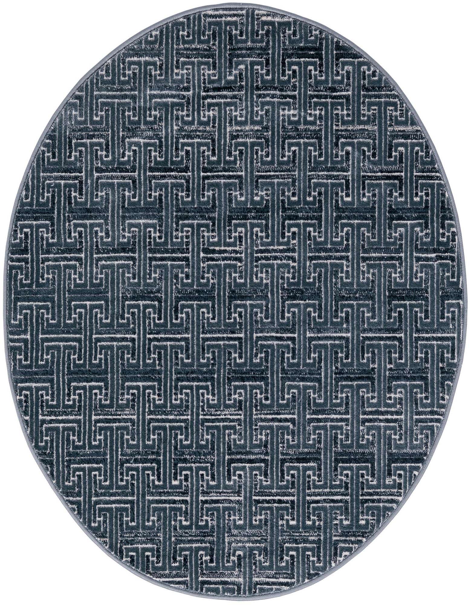 A 3' 3 round navy blue rug with a modern geometric interlocking pattern, featuring a thin, textured pile.